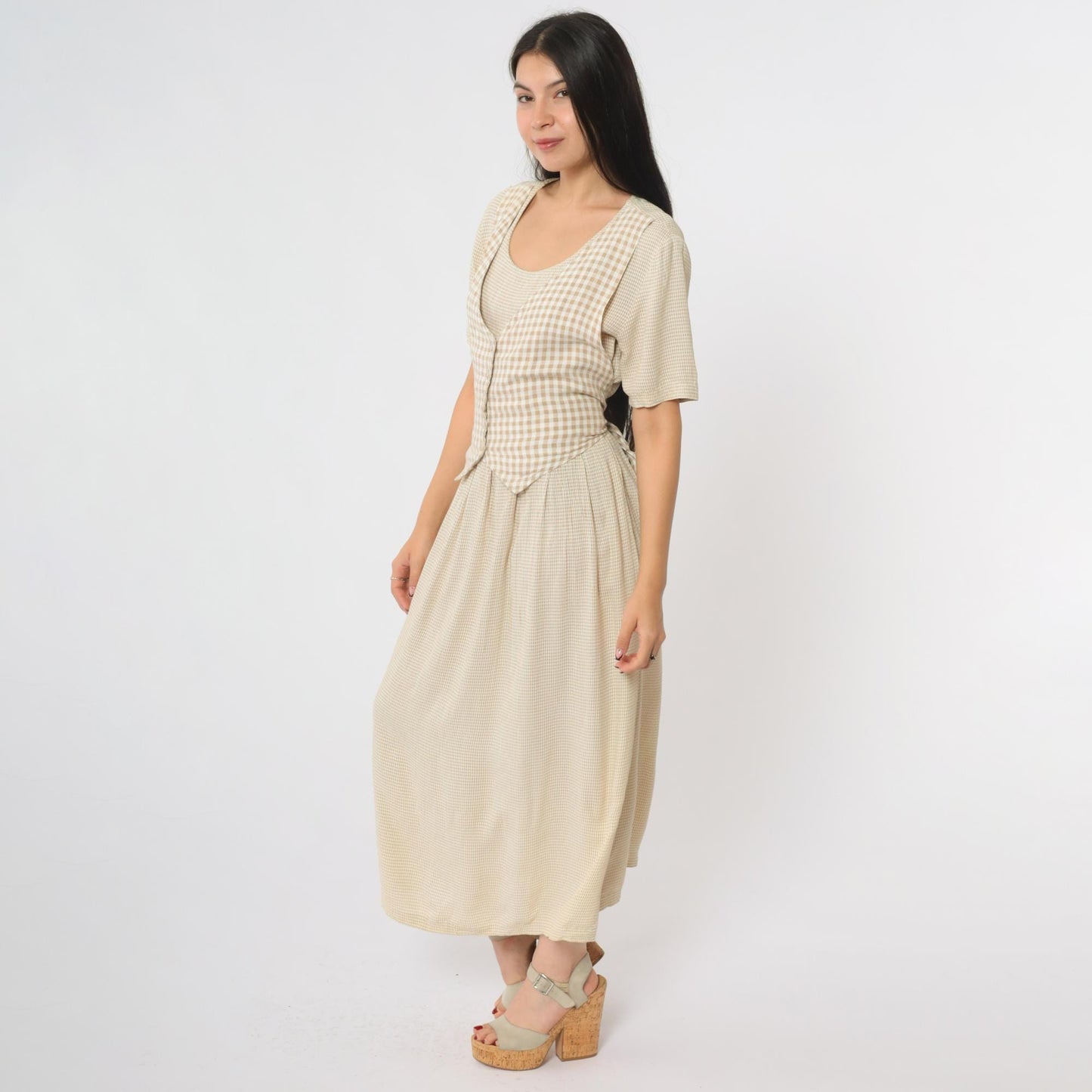 90s Ultra Dress Tan Gingham Maxi Dress Button Front Vest Set Large 12