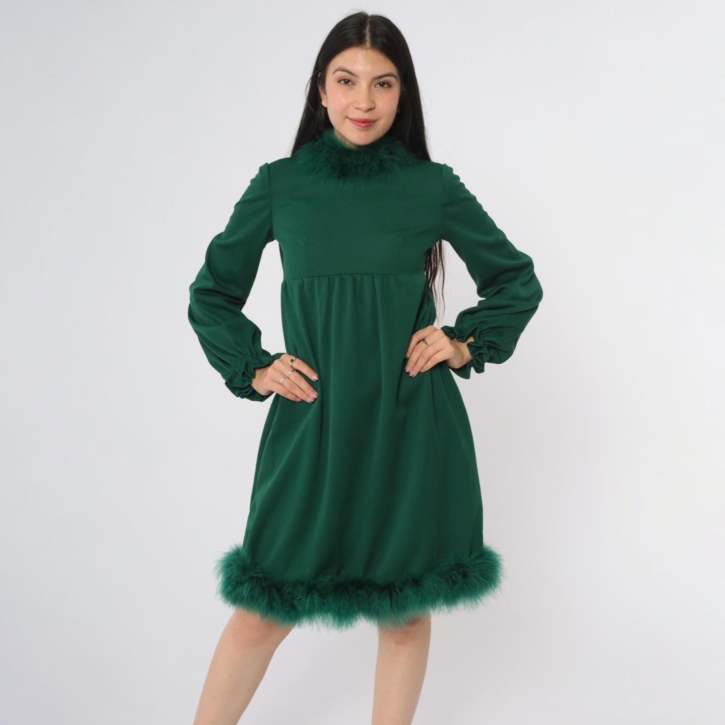 70s Green Marabou Feather Mini Dress High Neck Empire Waist Puff Sleeve Extra Small