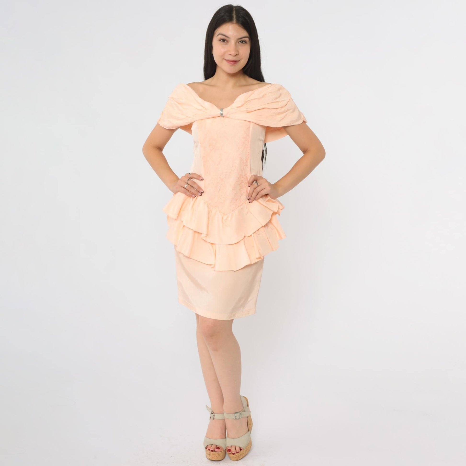 80s Peach Off-Shoulder Ruffle Peplum Dress Rhinestone Detail Small S