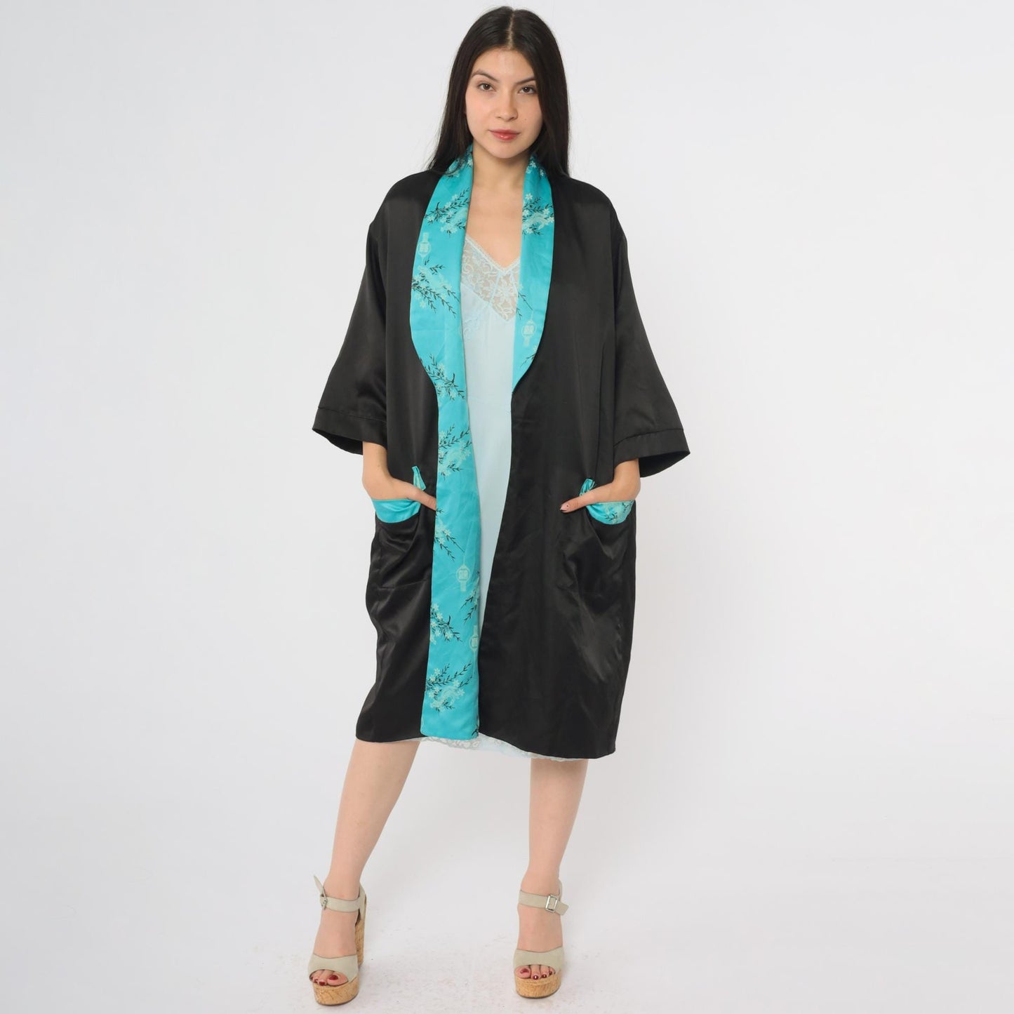 90s Dragon Reversible Satin Kimono Robe Black Turquoise Embroidered Small