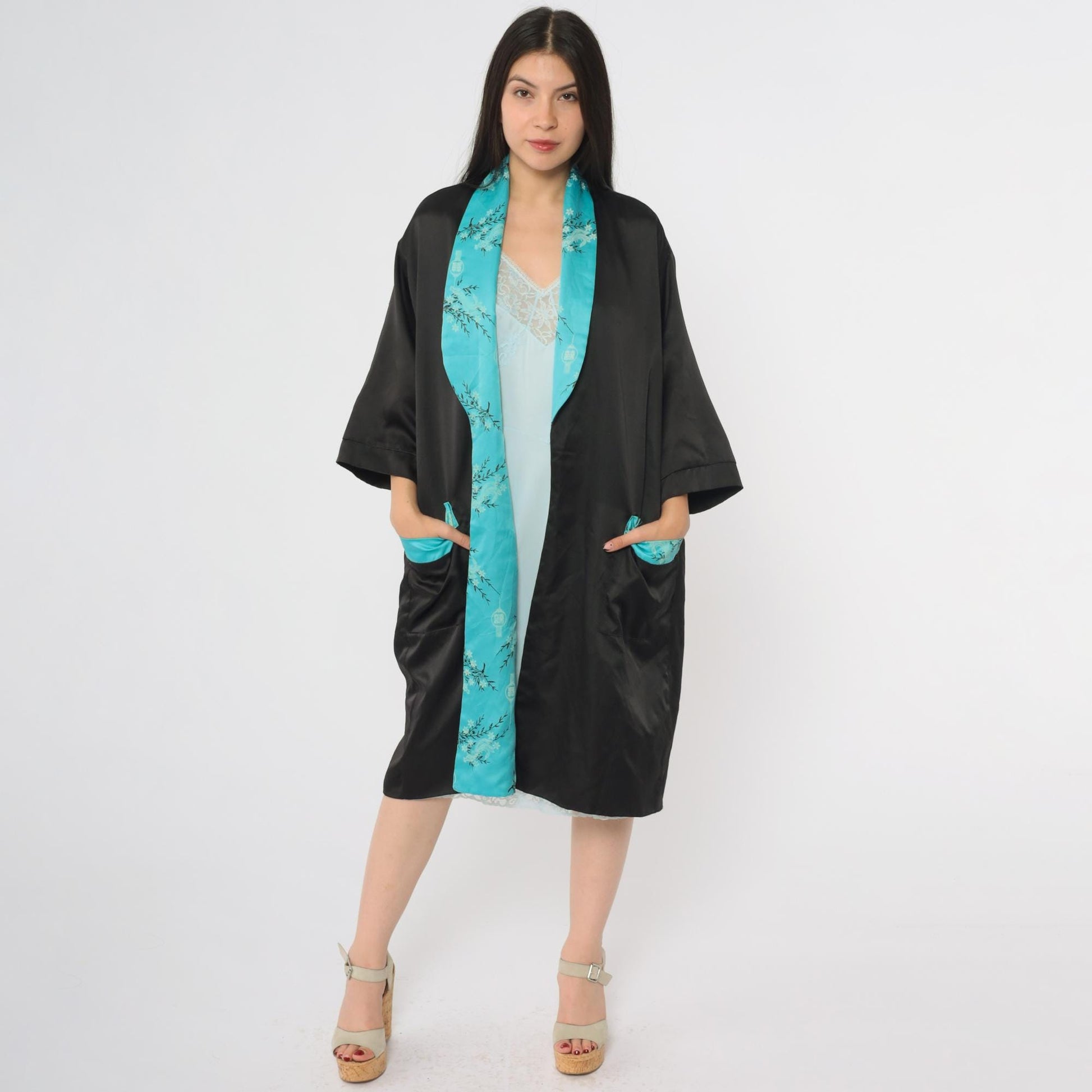 90s Dragon Reversible Satin Kimono Robe Black Turquoise Embroidered Small