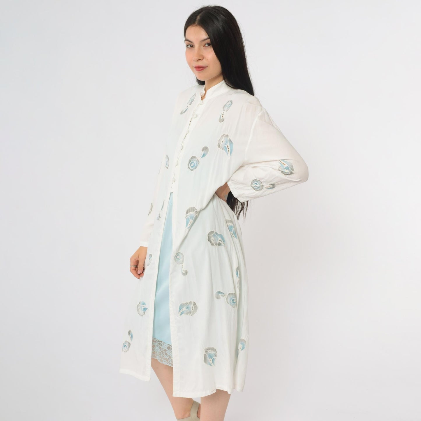 90s White Peacock Feather Kimono Cotton Midi Open Front Band Collar Medium Large