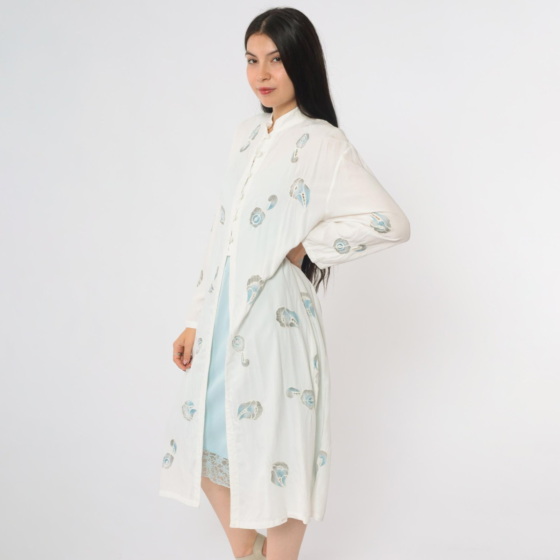 90s White Peacock Feather Kimono Cotton Midi Open Front Band Collar Medium Large