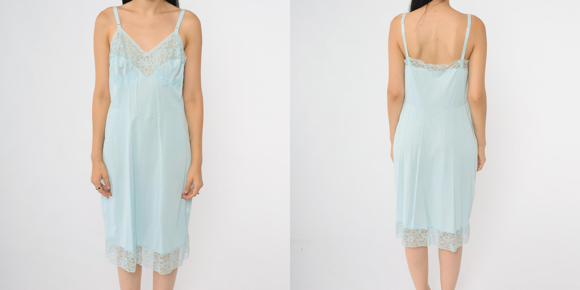 70s Warner's Baby Blue Slip Dress Midi V-Neck Empire Waist Medium