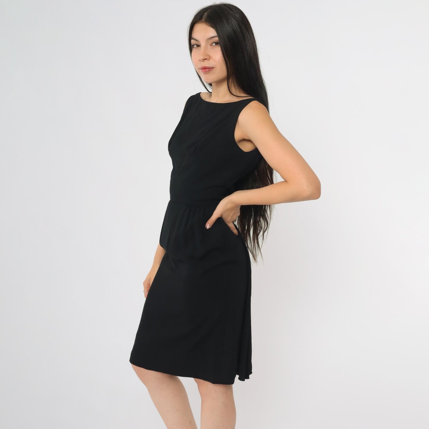 60s Black Mini Dress Open Back Boat Neck Sleeveless Sheath XSmall