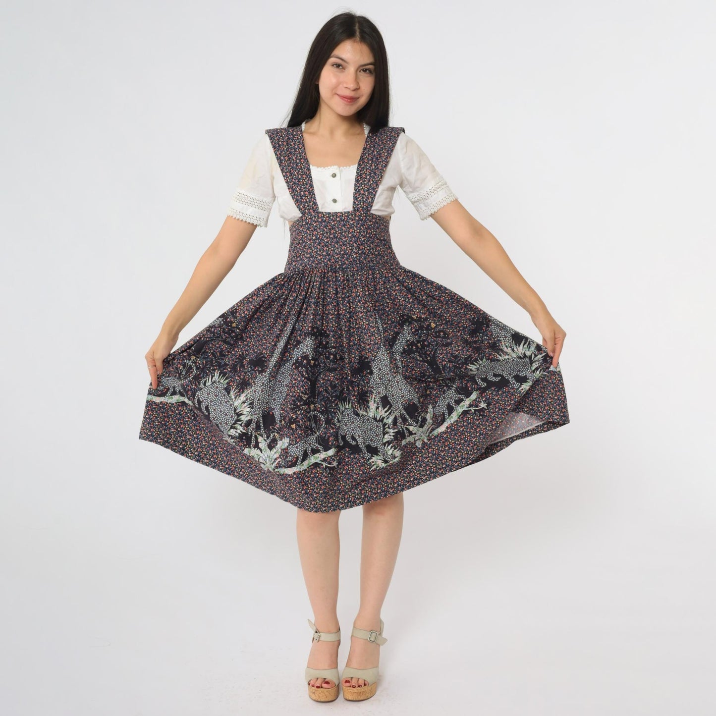 80s Giraffe Print Pinafore Dress Navy Full Circle Skirt Cotton Midi Small