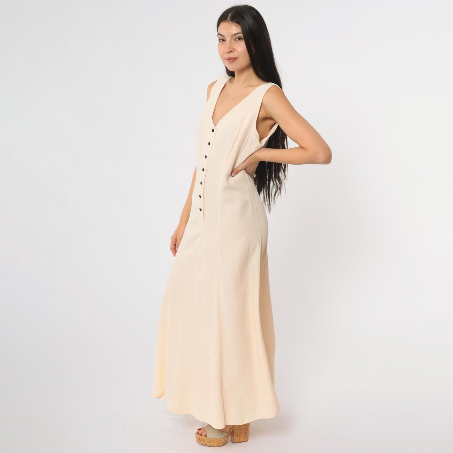 90s Cream Maxi Dress Button Front Deep V Neck Sleeveless Large L