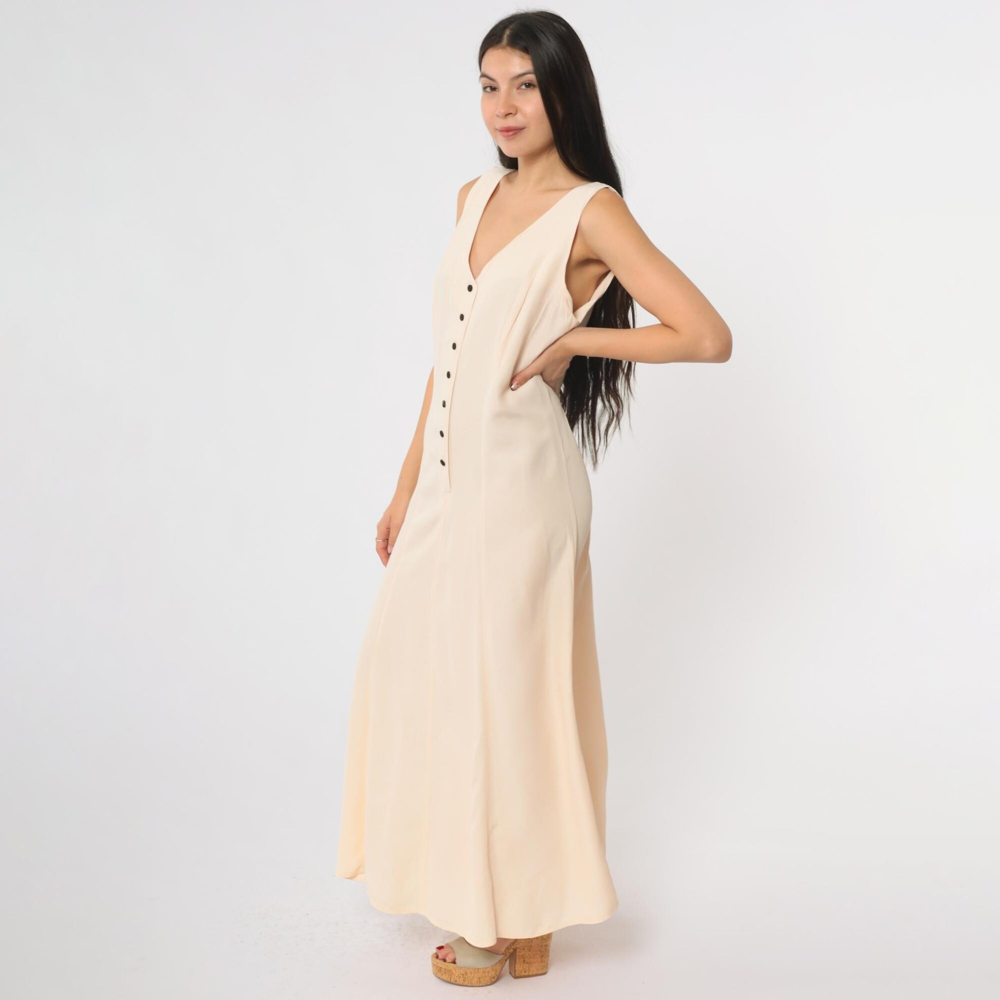 90s Cream Maxi Dress Button Front Deep V Neck Sleeveless Large L
