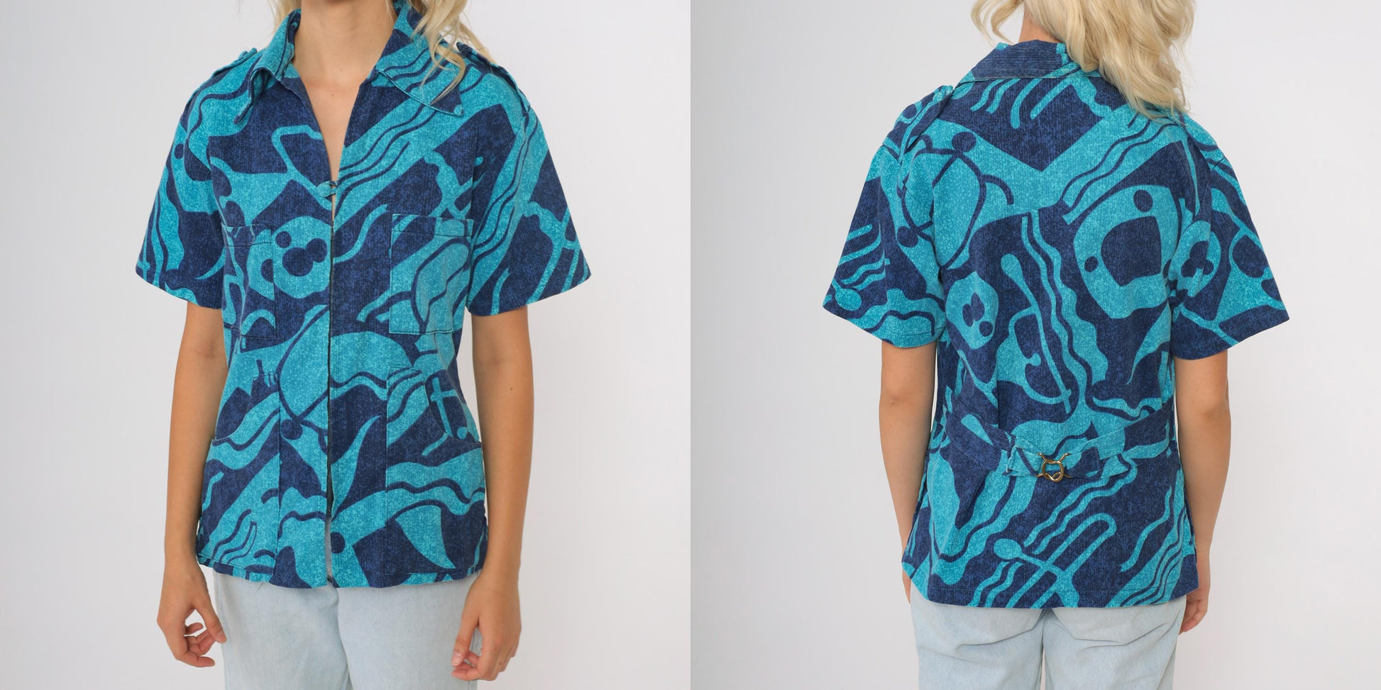 70s Hawaiian Zip Blouse Turquoise Psychedelic Tiki Print Short Sleeve Small