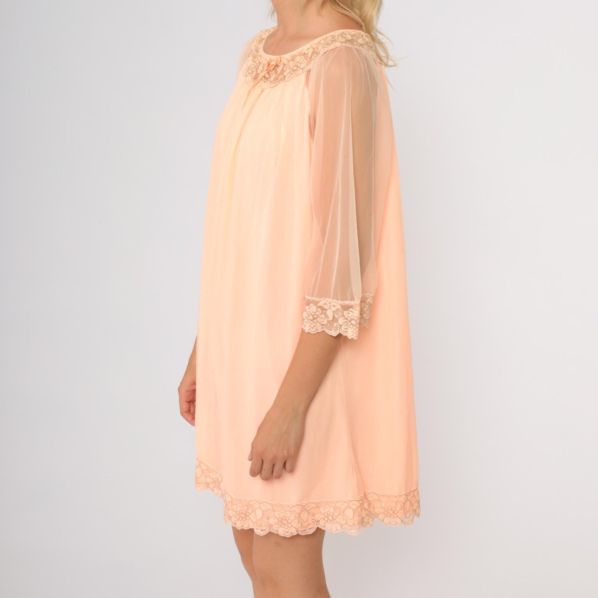 70s Avian Peach Babydoll Nightgown Lace Trim Mini Lingerie Large L