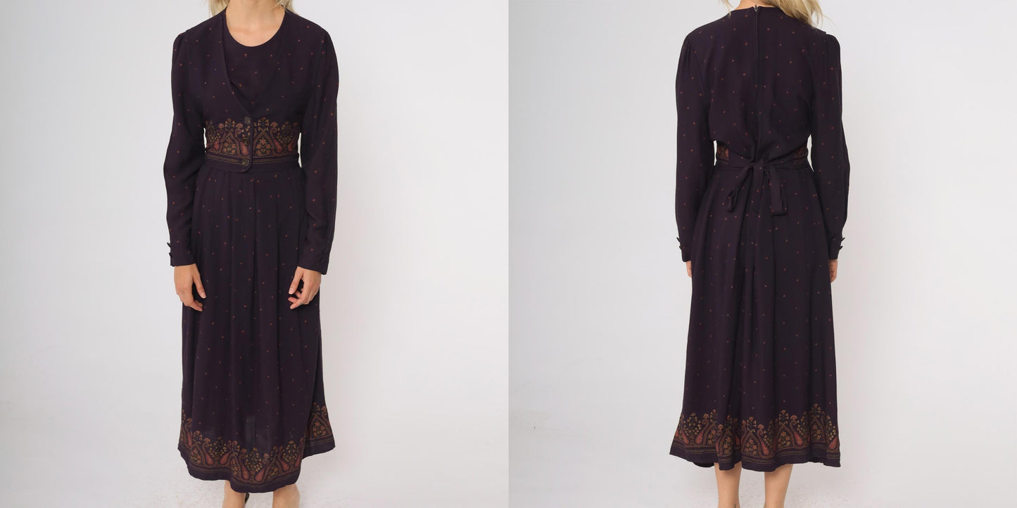 90s Dark Purple Maxi Dress Attached Vest Long Sleeve Paisley Border Small
