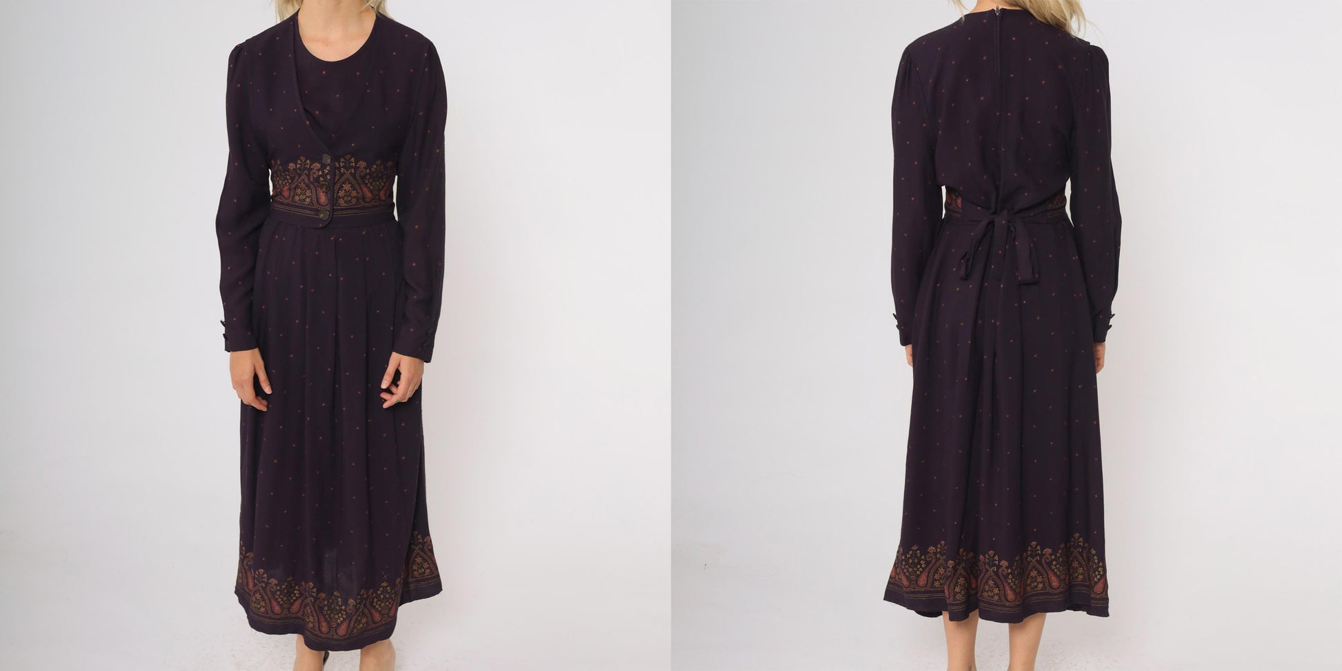 90s Dark Purple Maxi Dress Attached Vest Long Sleeve Paisley Border Small