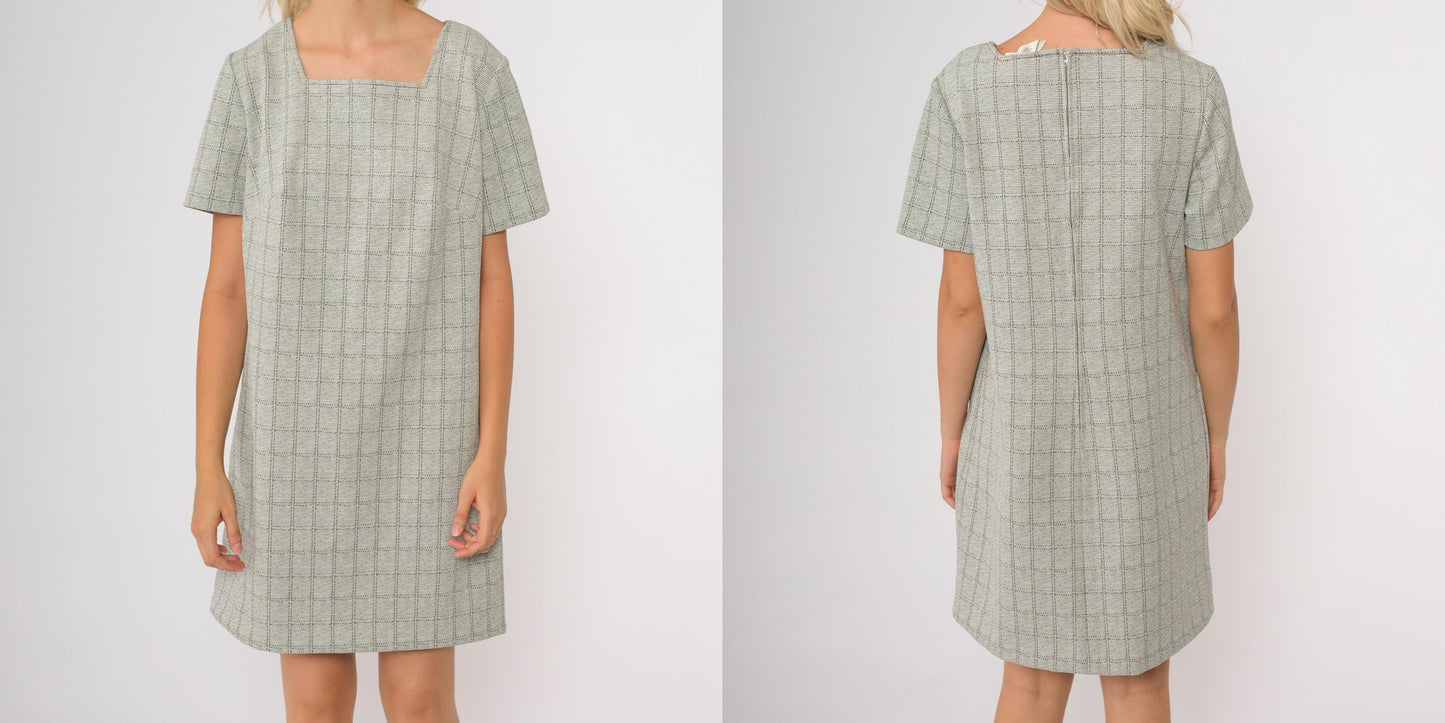 60s Plaid Mini Shift Dress Grey Square Neckline Mod Short Sleeve Medium