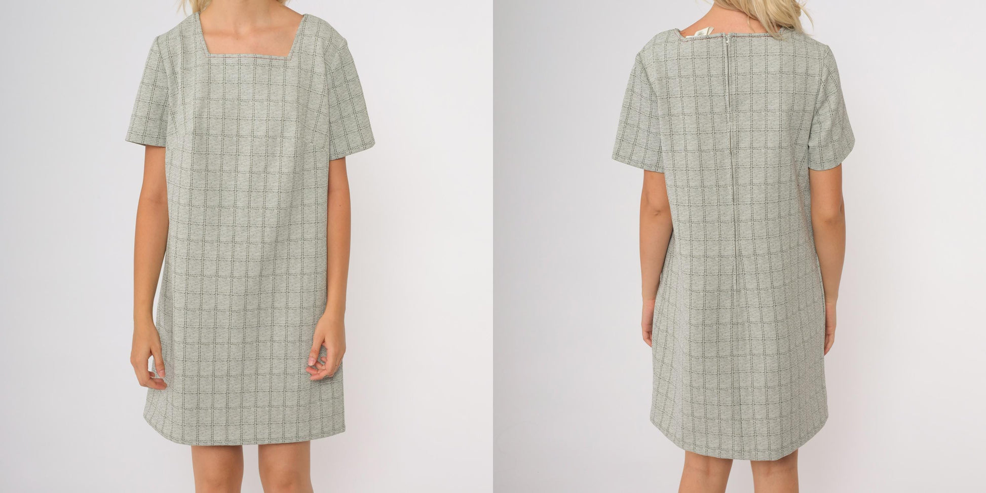 60s Plaid Mini Shift Dress Grey Square Neckline Mod Short Sleeve Medium