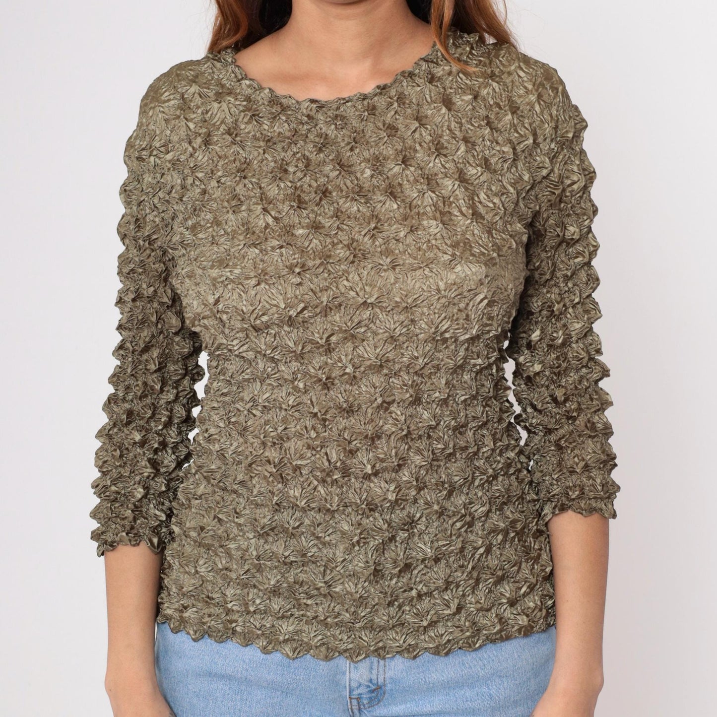 Y2K Green Popcorn Texture Short Sleeve Blouse XS-XL
