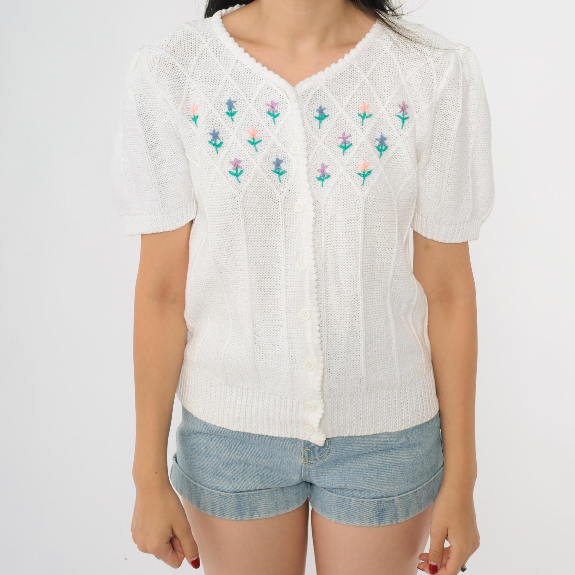 80s Astorone White Cardigan Short Sleeve Embroidered Floral V-Neck Medium M