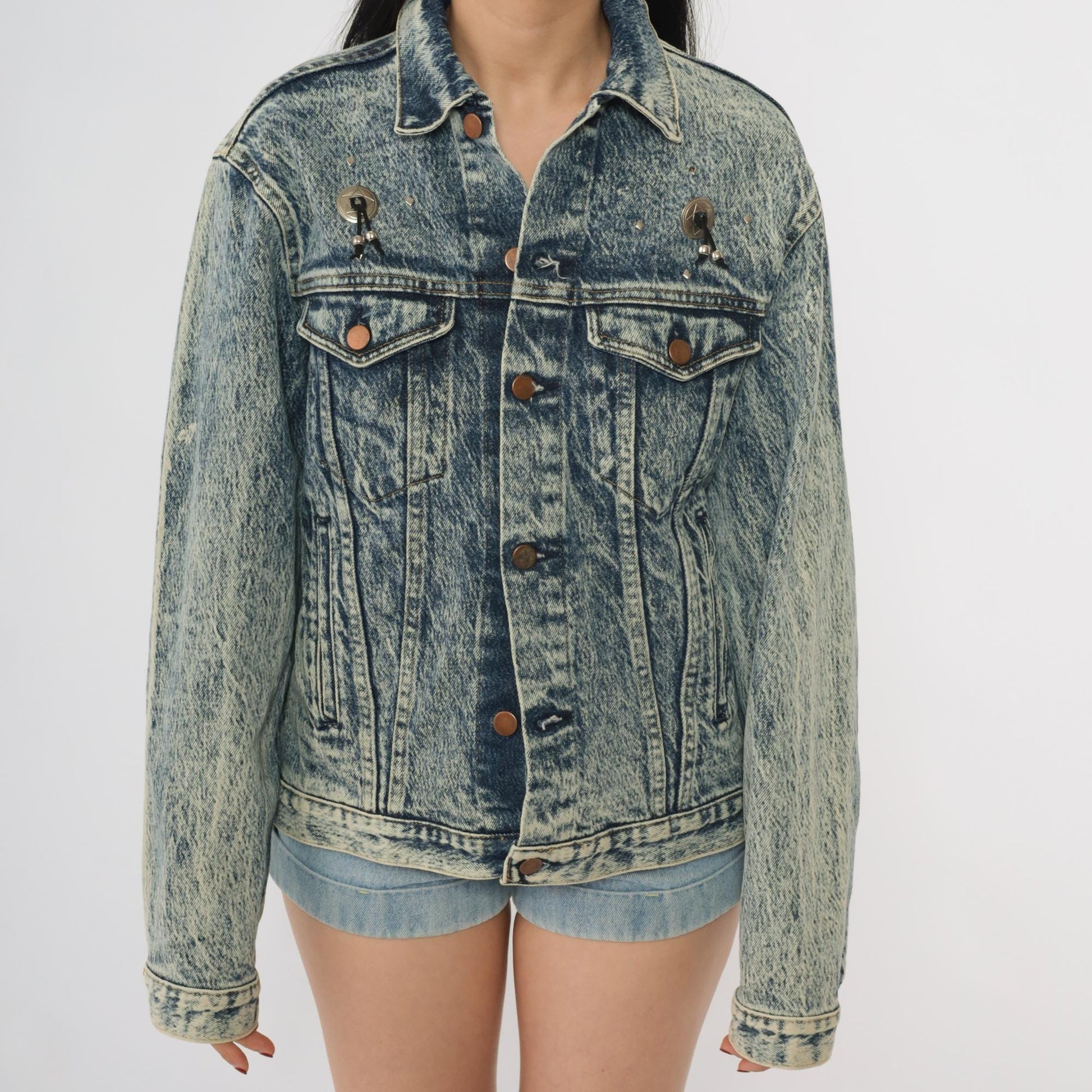 90s Bristol Blues Acid Wash Denim Jacket Painted Southwest Adobe Pueblo Small