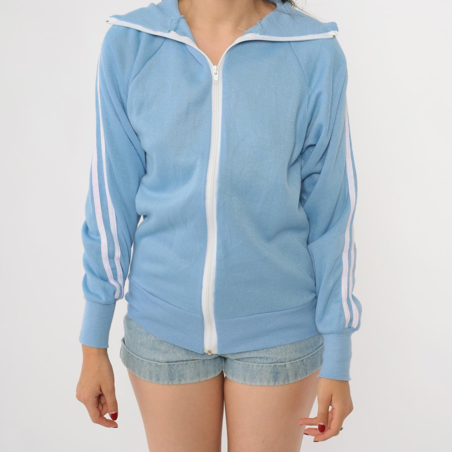 80s Sears Light Blue Striped Track Jacket Zip Front Hoodie Small
