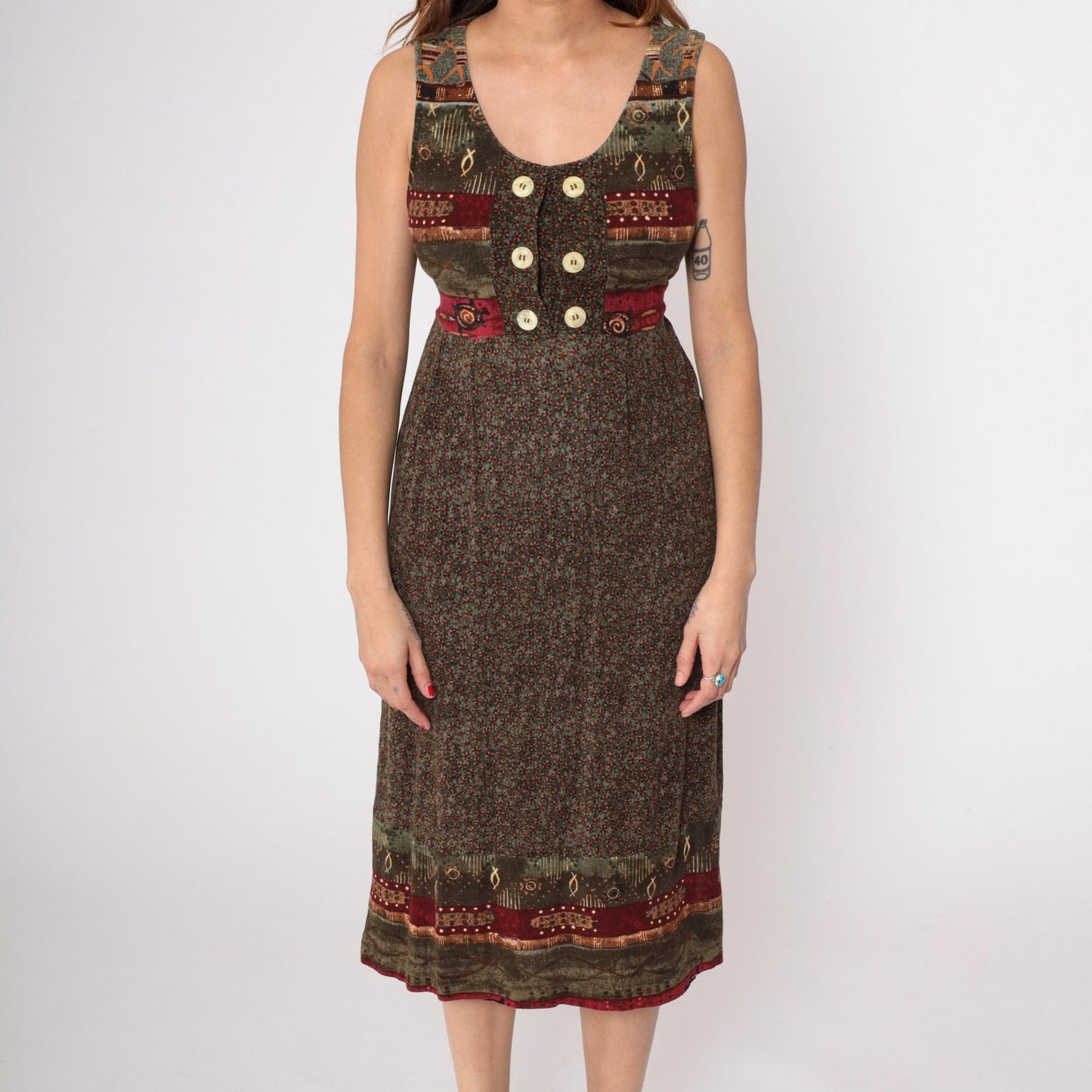 90s Patchwork Midi Dress Tribal Print Button Front Sleeveless Small S