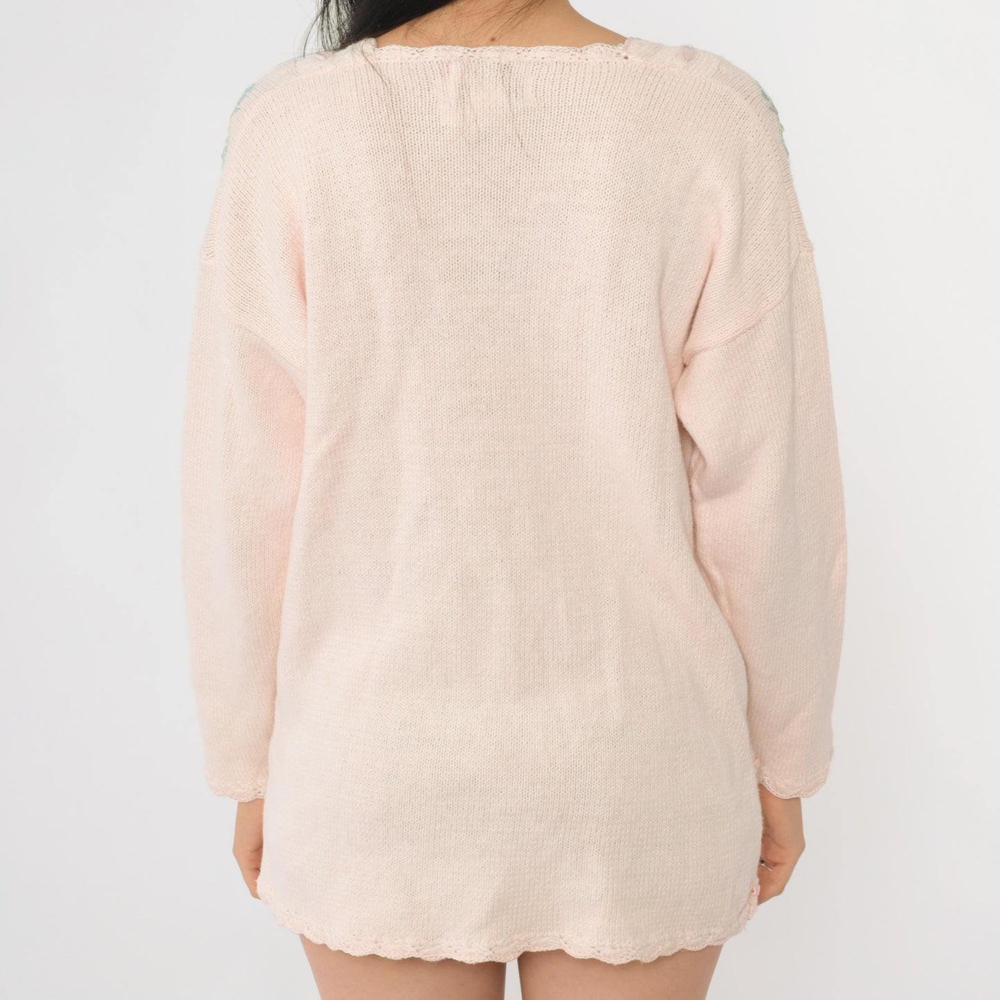 90s Carolyn Taylor Pink Floral Embroidered Knit Sweater V-Neck Medium M