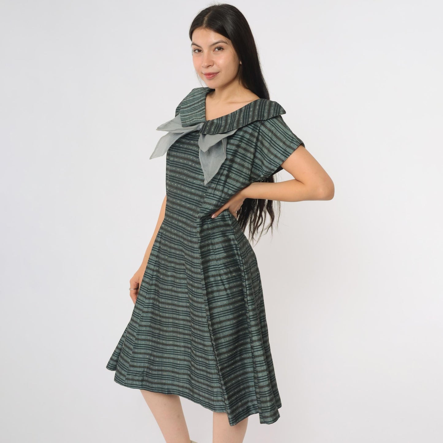 60s Gray Striped Bow Dress A-Line Midi Cap Sleeve V-Neck Large L