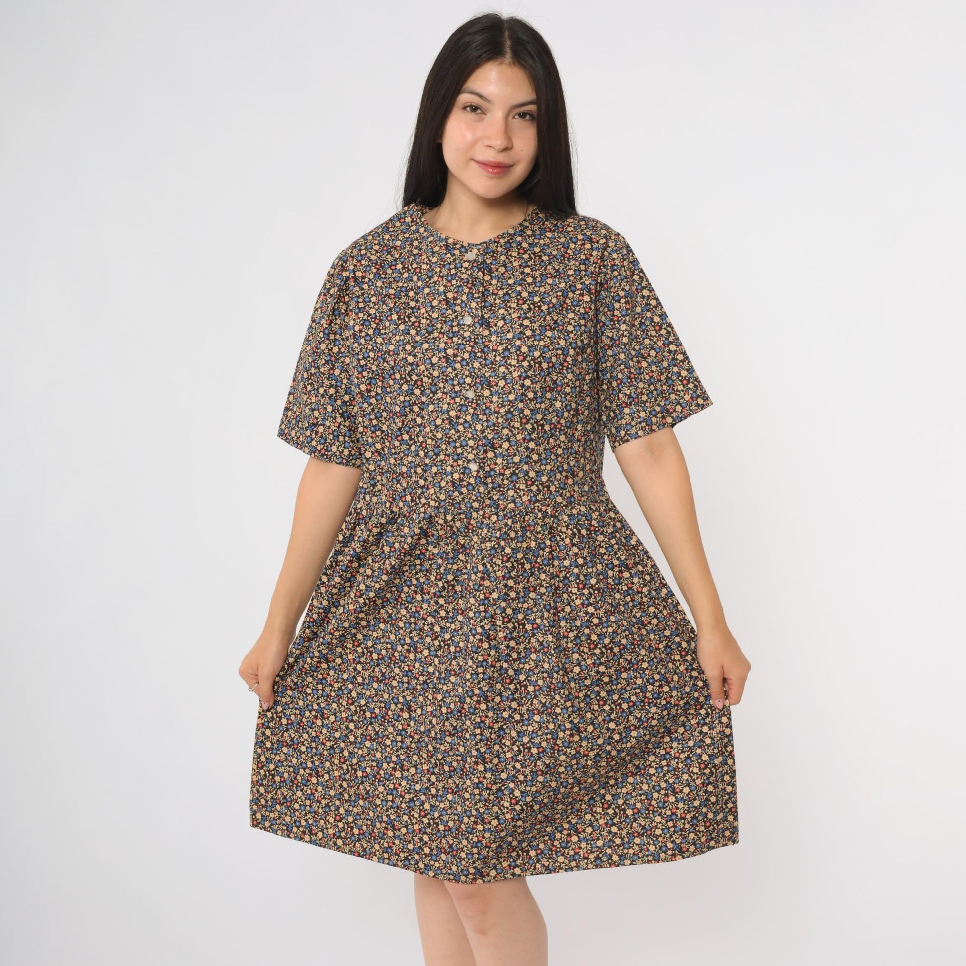 60s Navy Floral Mini Dress A-Line Button Front Short Sleeve Large