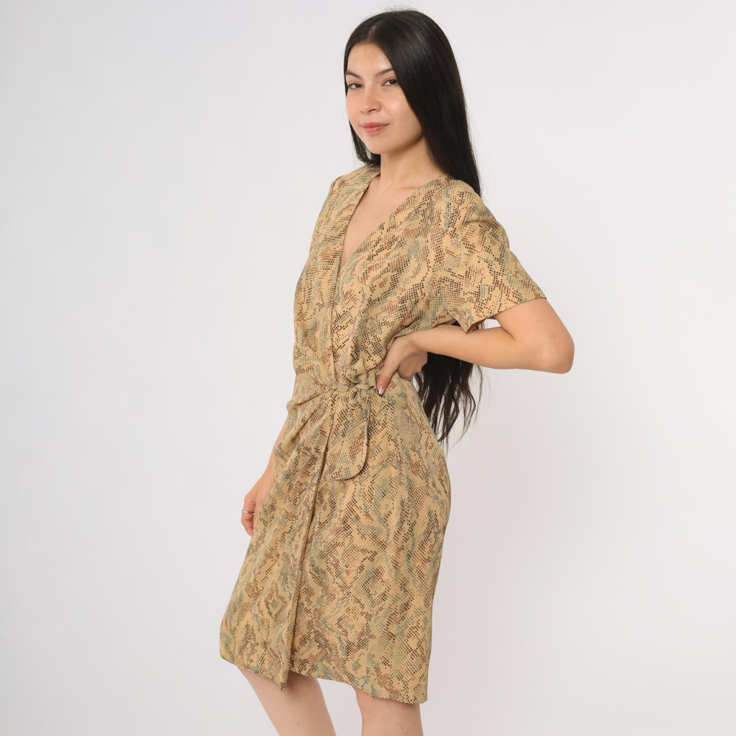 90s Talbots Snake Print Wrap Dress Short Sleeve V-Neck Beige Brown Medium