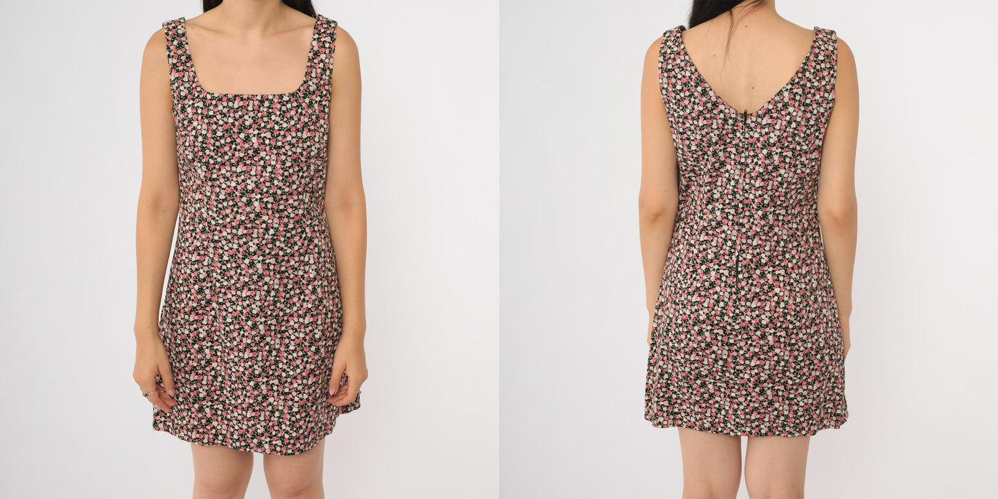 90s Black Floral Mini Dress Square Neck Sleeveless Bodycon Ditsy Print Medium