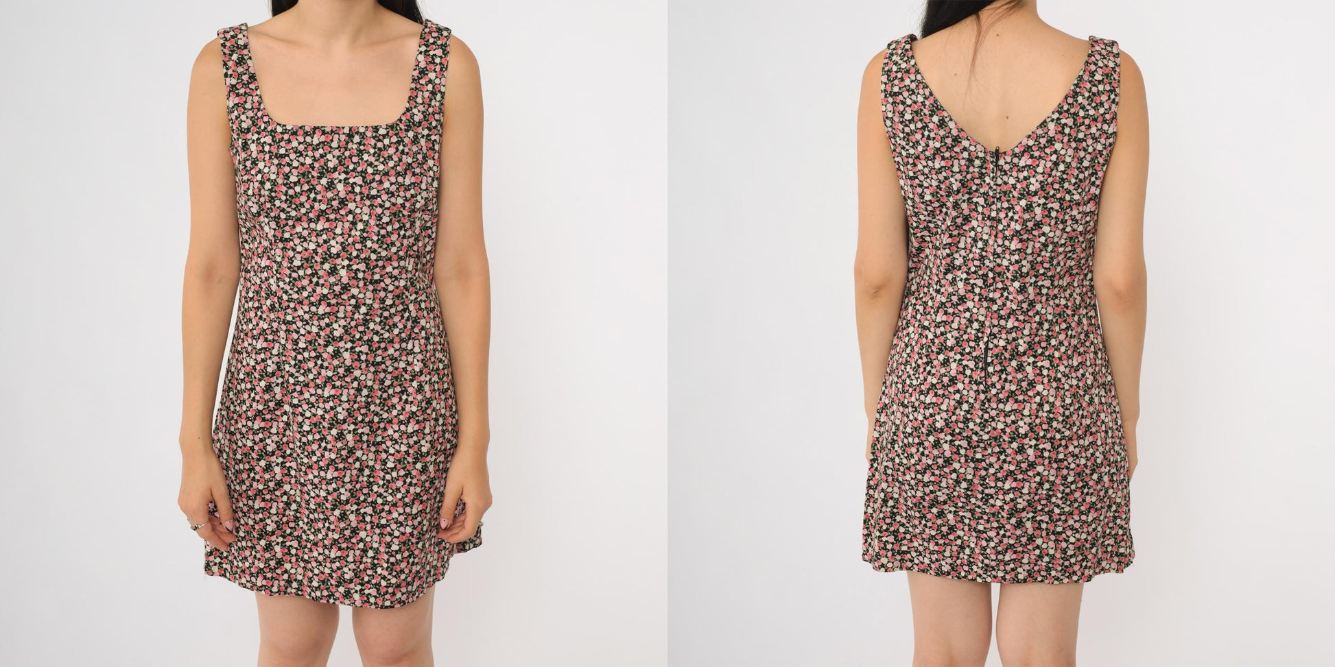90s Black Floral Mini Dress Square Neck Sleeveless Bodycon Ditsy Print Medium