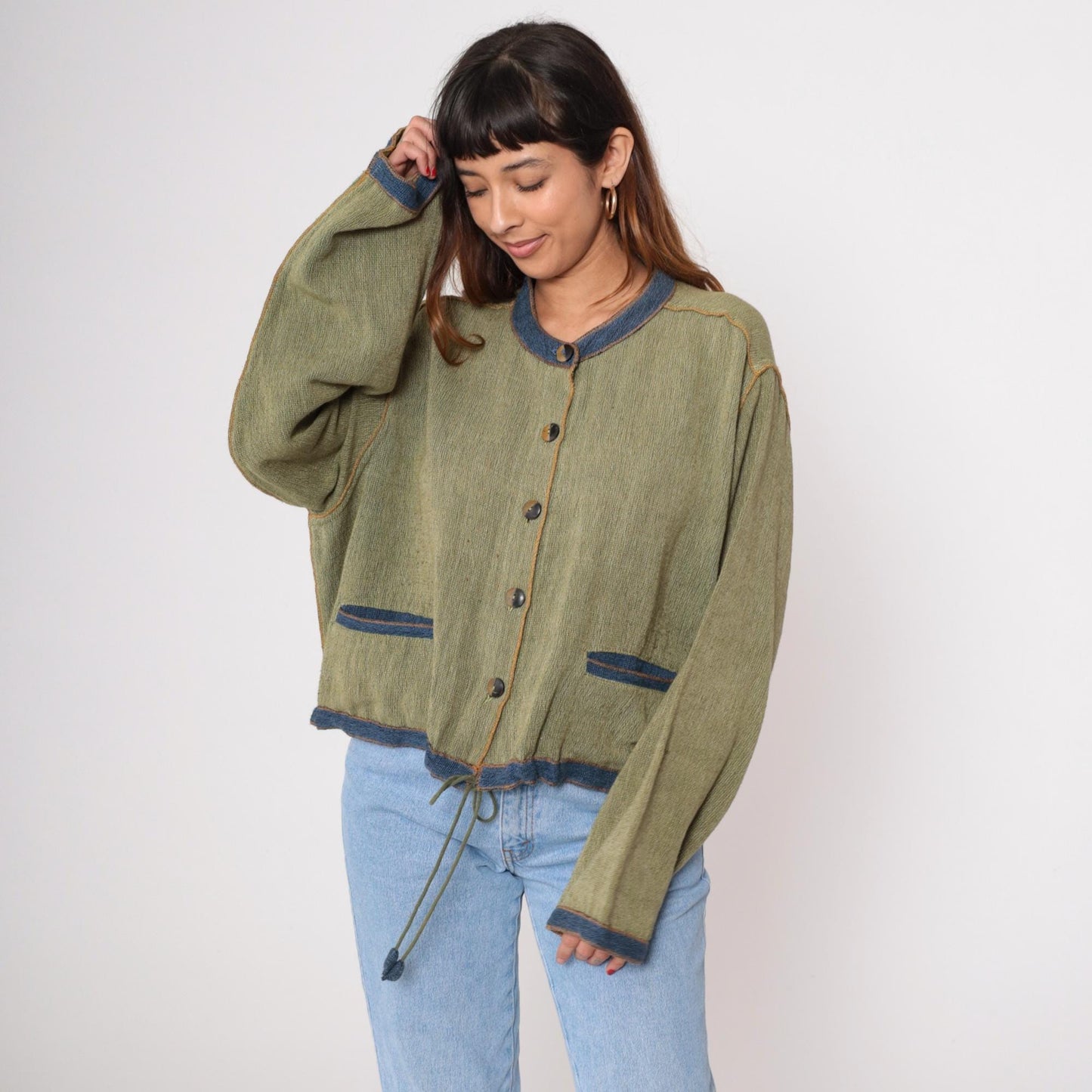 Y2K Tribe Green Cotton Cardigan Blue Trim Drawstring Waist Extra Large XXL