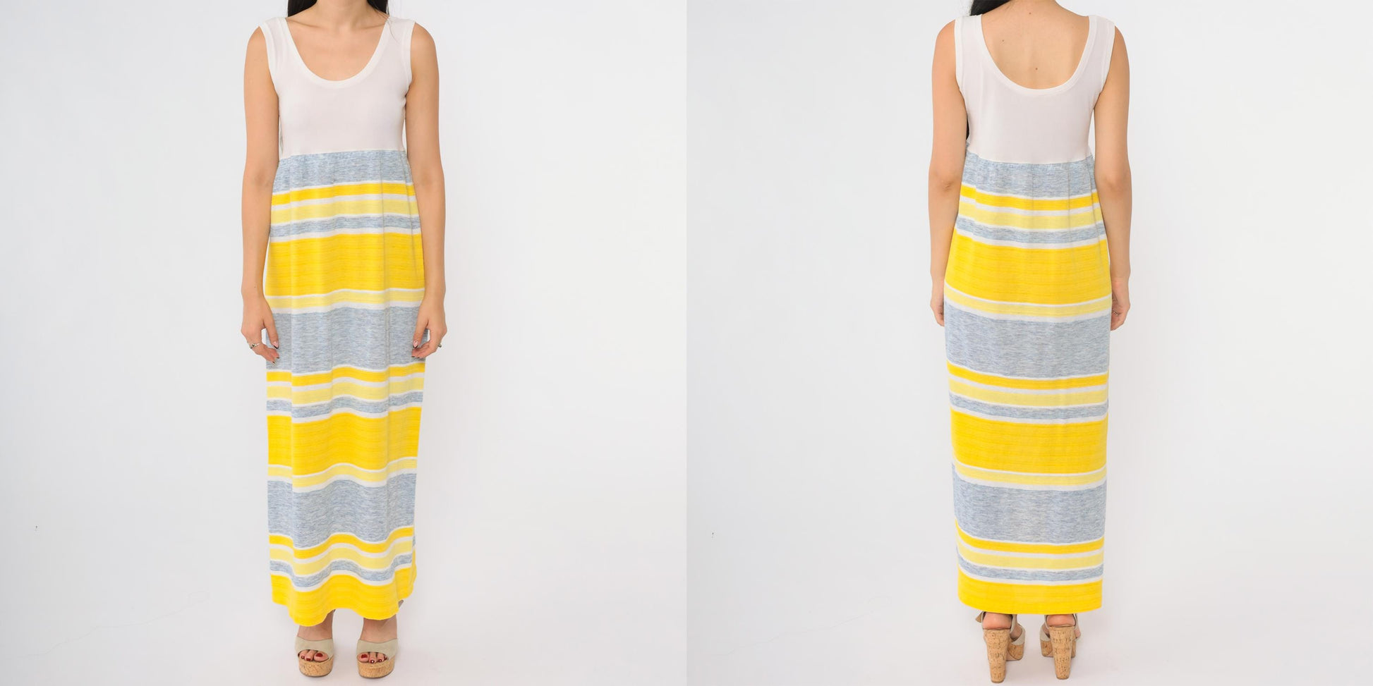 70s Yellow Grey Striped Maxi Dress Sleeveless Scoop Neck A-Line Medium