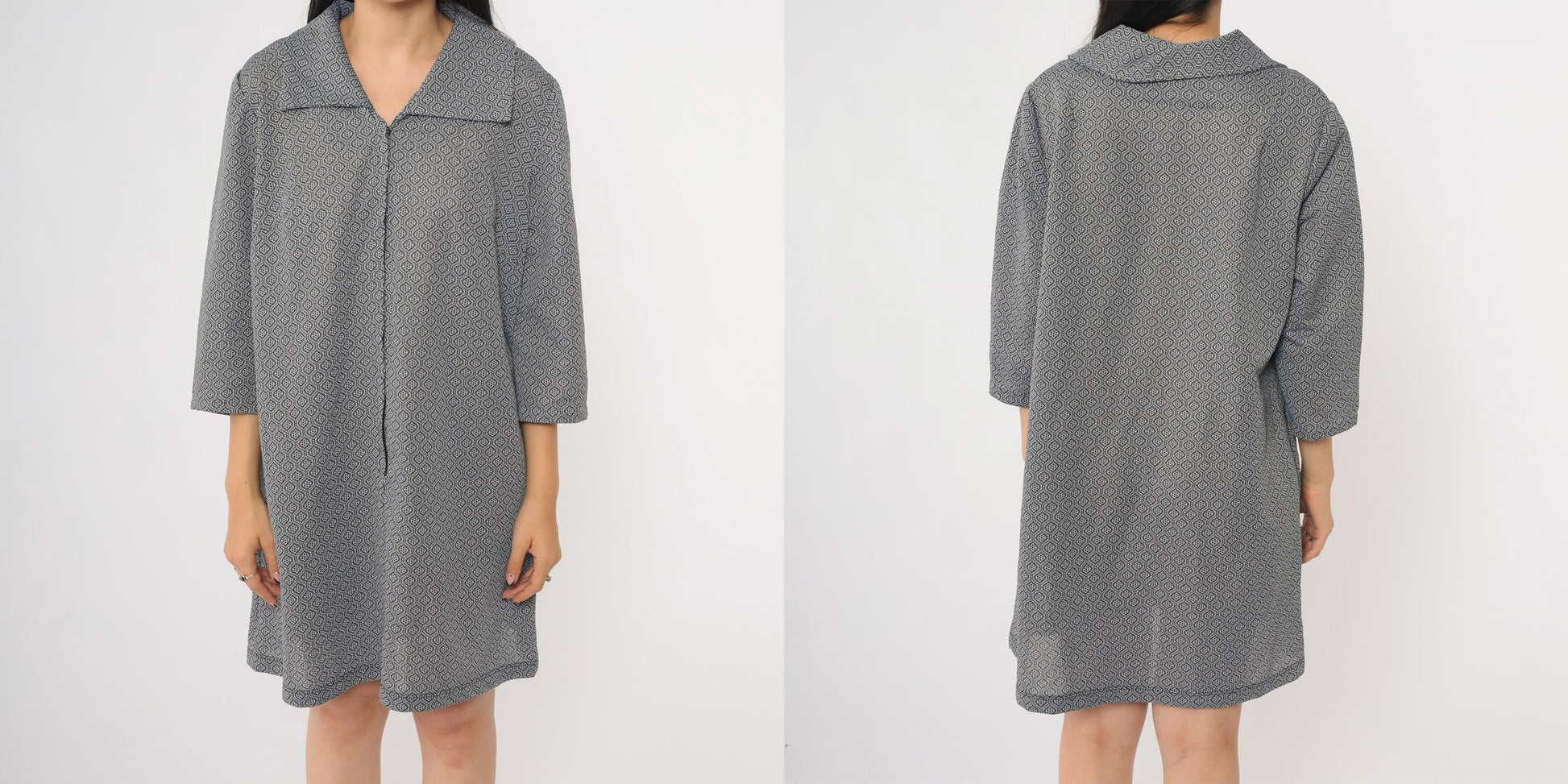 70s Geometric Mod Mini Dress Grey White V-Neck Three-Quarter Sleeve A-Line Extra Large