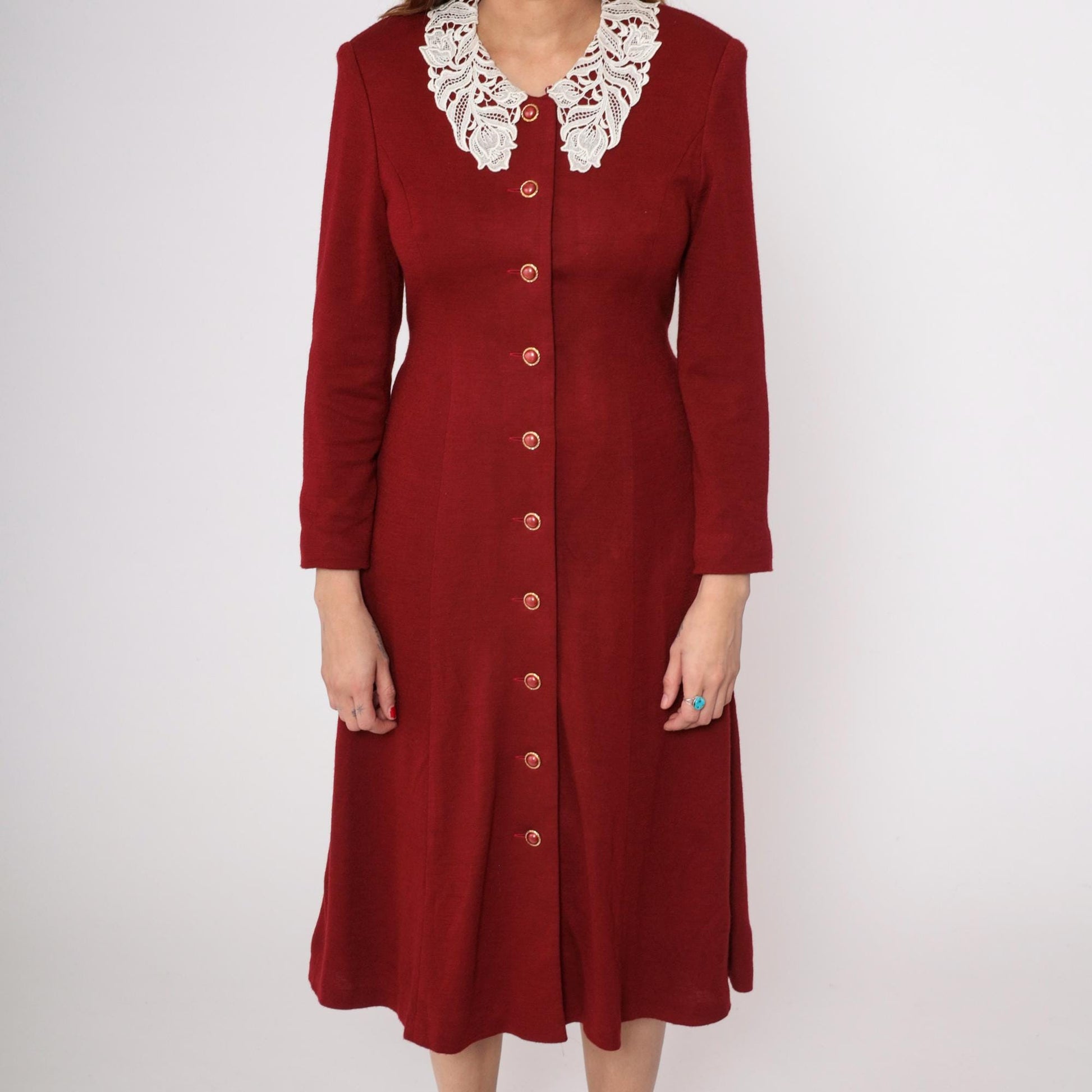 80s Lourejann Burgundy Midi Dress Peter Pan Collar Lace Small
