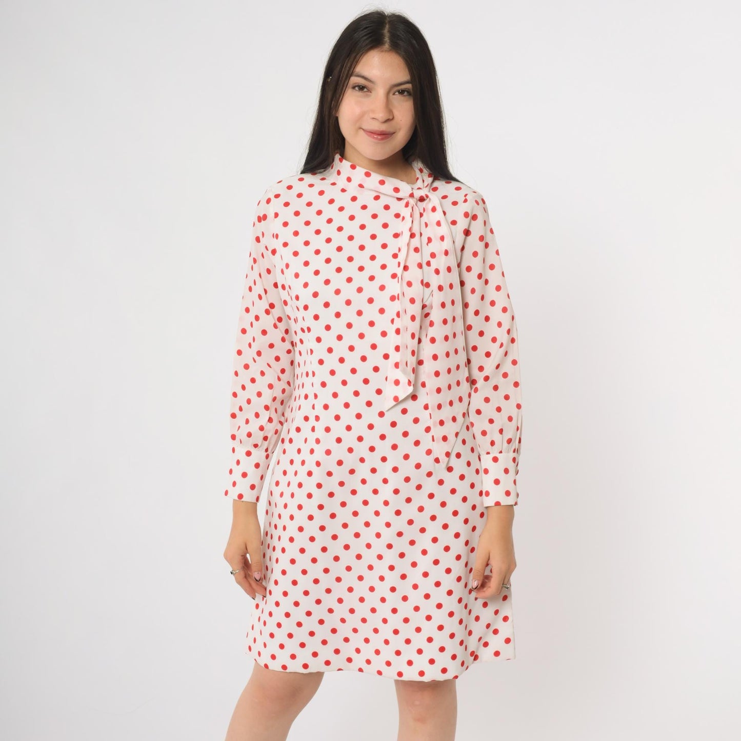 60s Mod Polka Dot Mini Dress Ascot Bow Tie Long Sleeve White Red Medium M