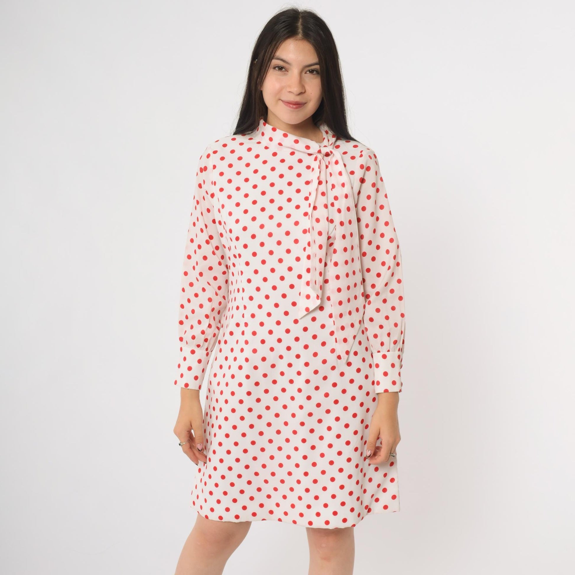 60s Mod Polka Dot Mini Dress Ascot Bow Tie Long Sleeve White Red Medium M
