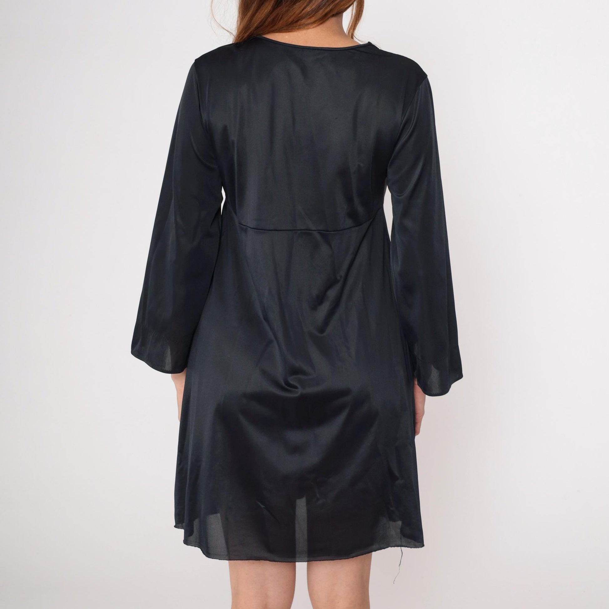 80s Black Nylon Deep V Mini Dress Empire Waist Long Sleeve Small