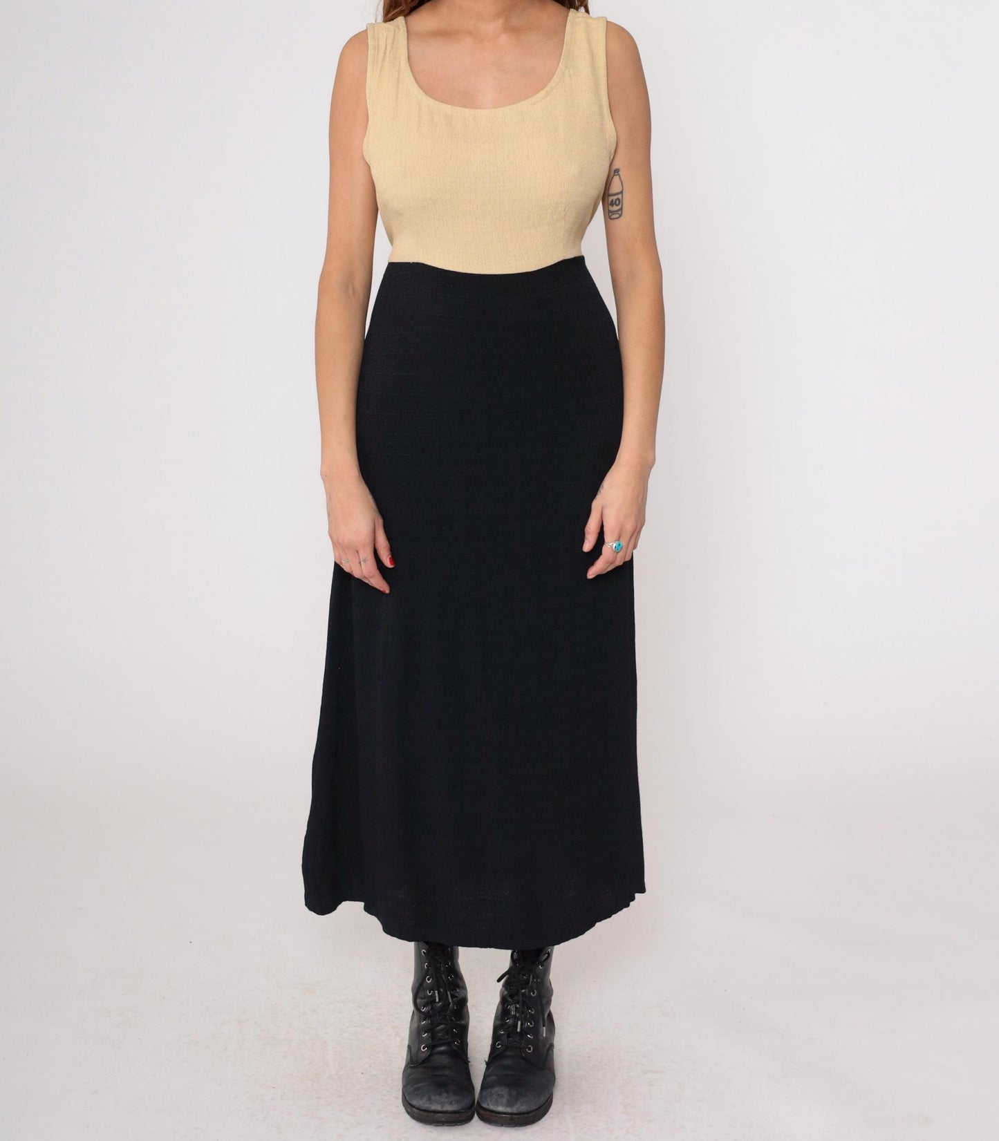 90s K Studio Color Block Maxi Dress Cream Black Tank Sleeveless Large