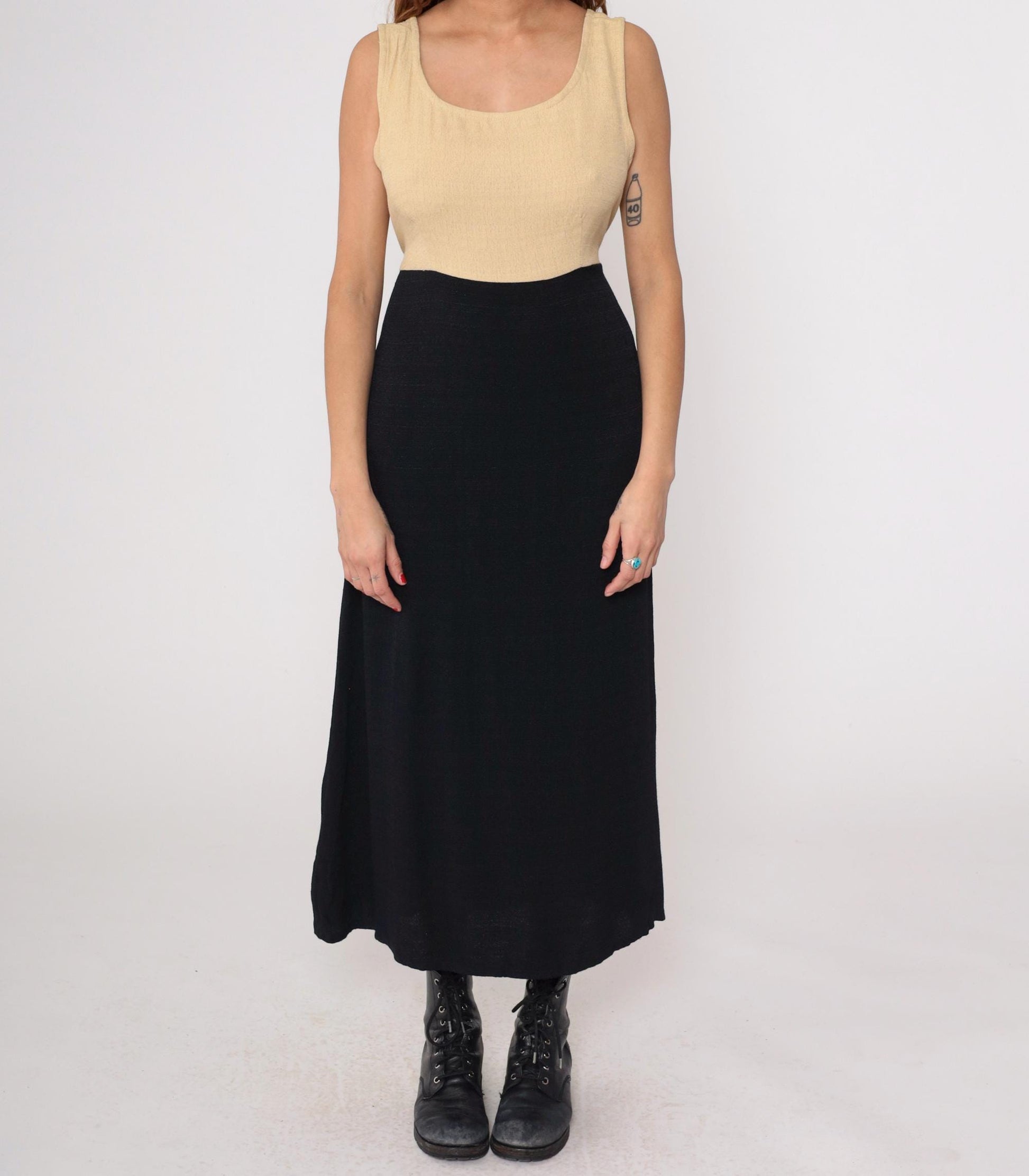 90s K Studio Color Block Maxi Dress Cream Black Tank Sleeveless Large