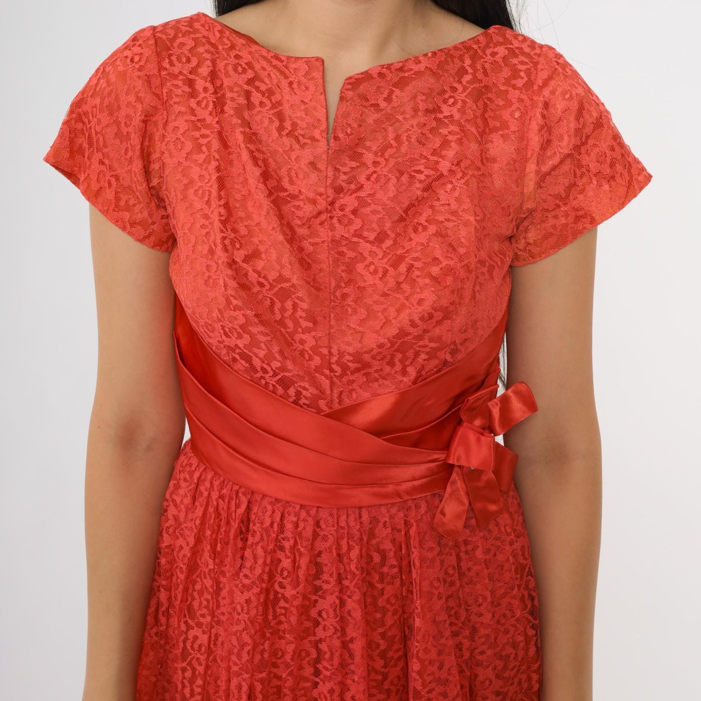 60s Coral Lace Midi Dress V Neck Short Sleeve Bow Belt Rhinestone Brooch XS