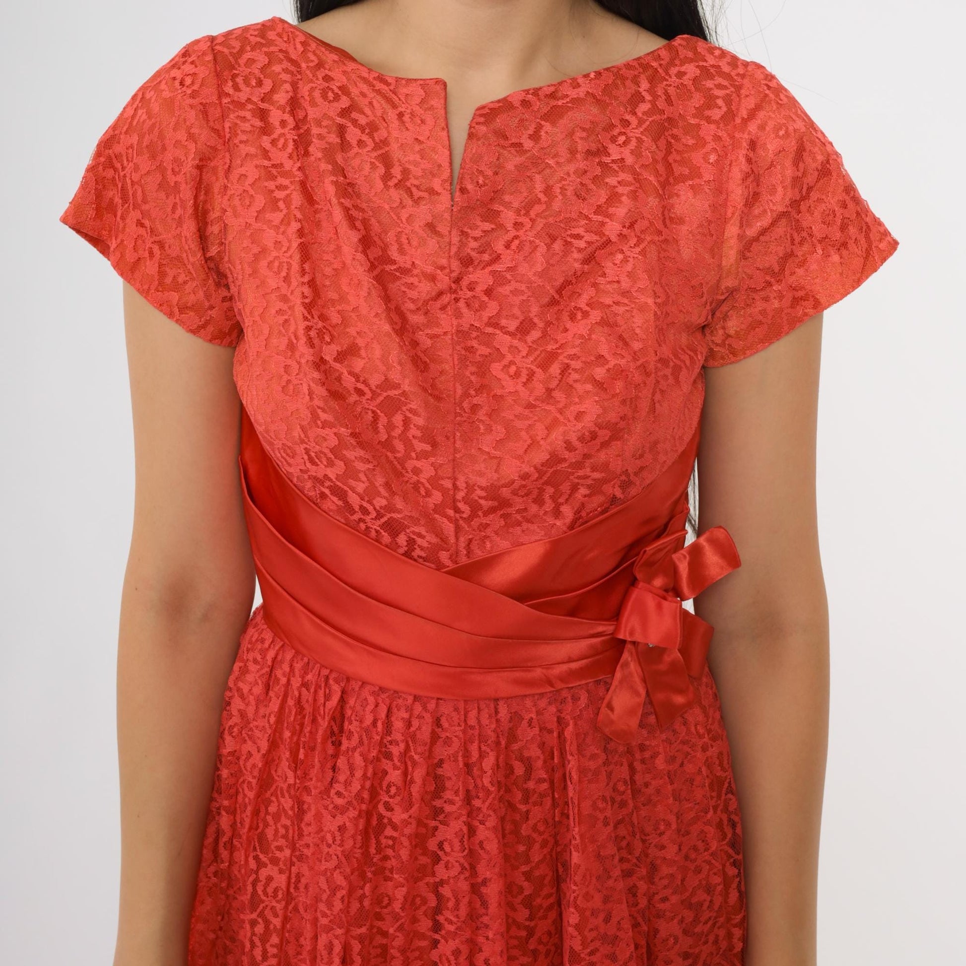 60s Coral Lace Midi Dress V Neck Short Sleeve Bow Belt Rhinestone Brooch XS