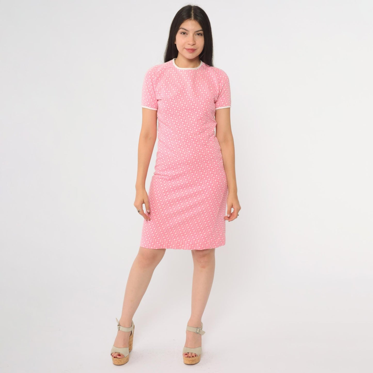 70s Catalina Sportswear Pink Polka Dot Mini Dress White Trim Large