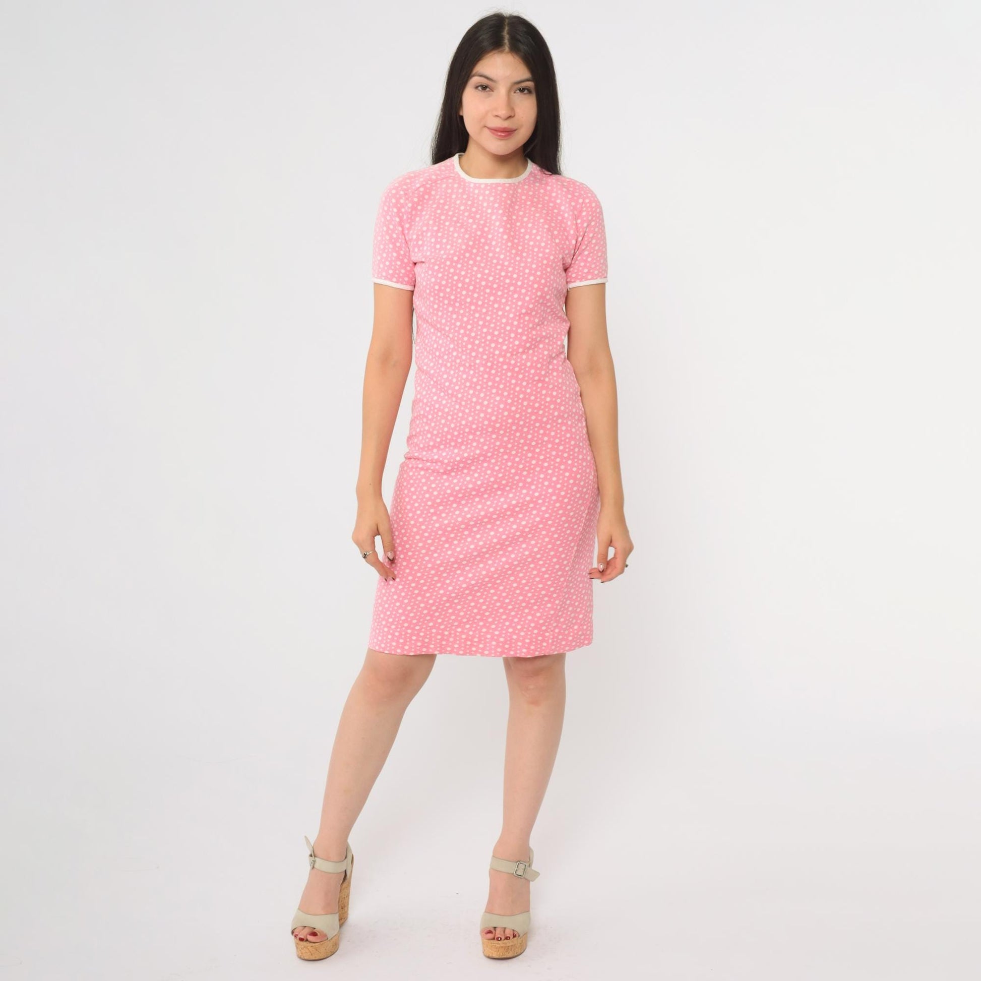 70s Catalina Sportswear Pink Polka Dot Mini Dress White Trim Large
