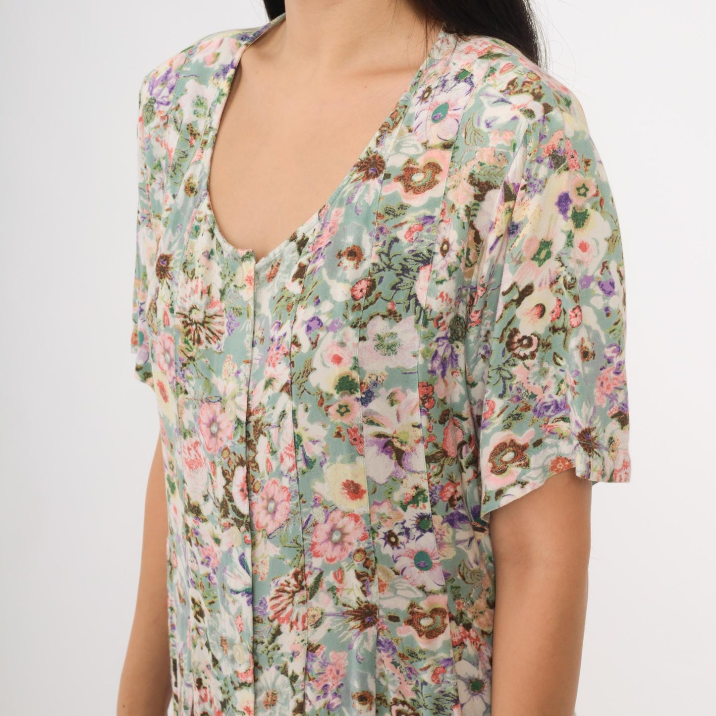 Y2K Floral Maxi Dress Sleeveless Scoop Neck Pink Green Botanical Rayon Medium