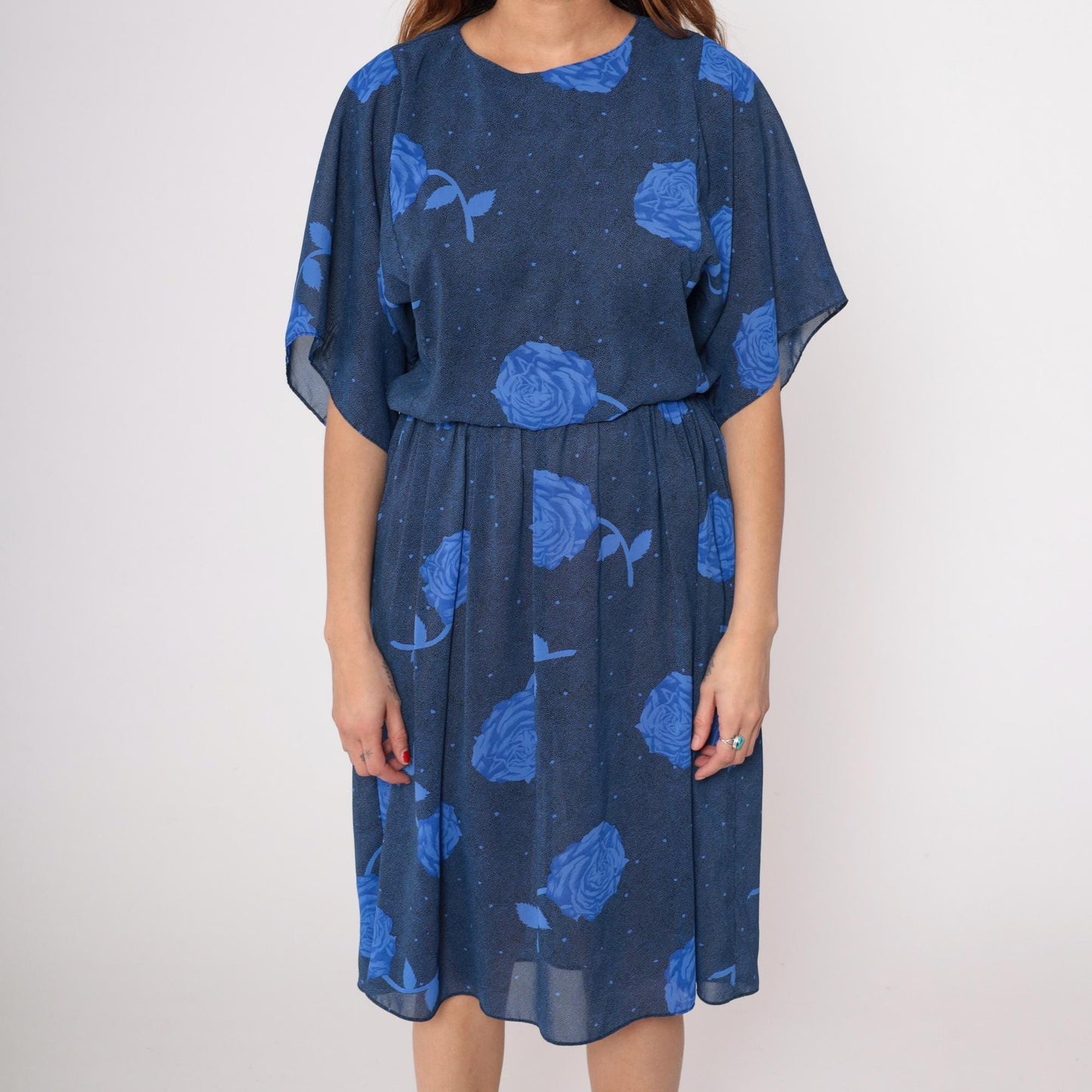 90s Navy Floral Midi Dress Positive Attitude Kimono Sleeve Small