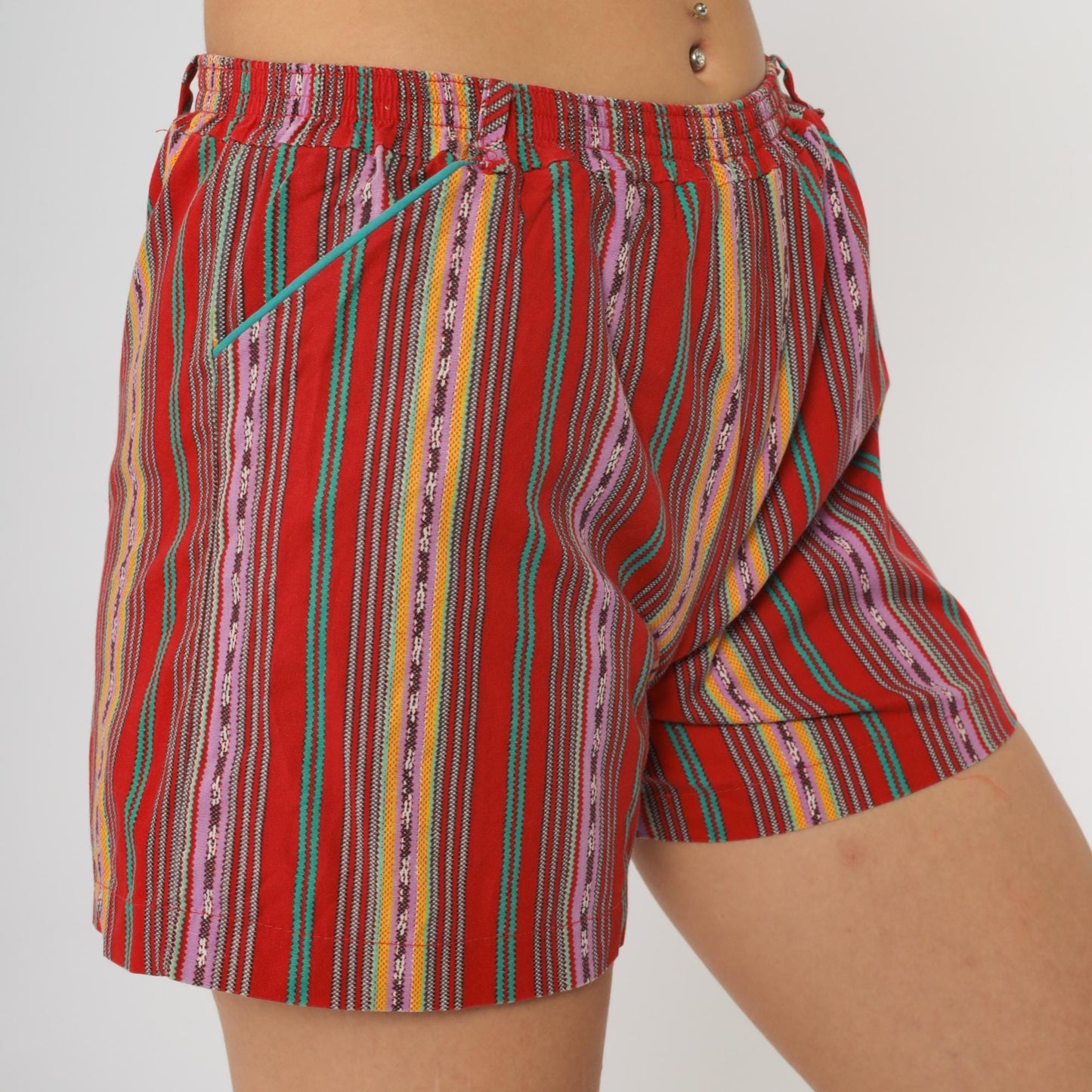 90s Jaspre Multicolor Striped Shorts Red Elastic Waist Cotton High Rise XS