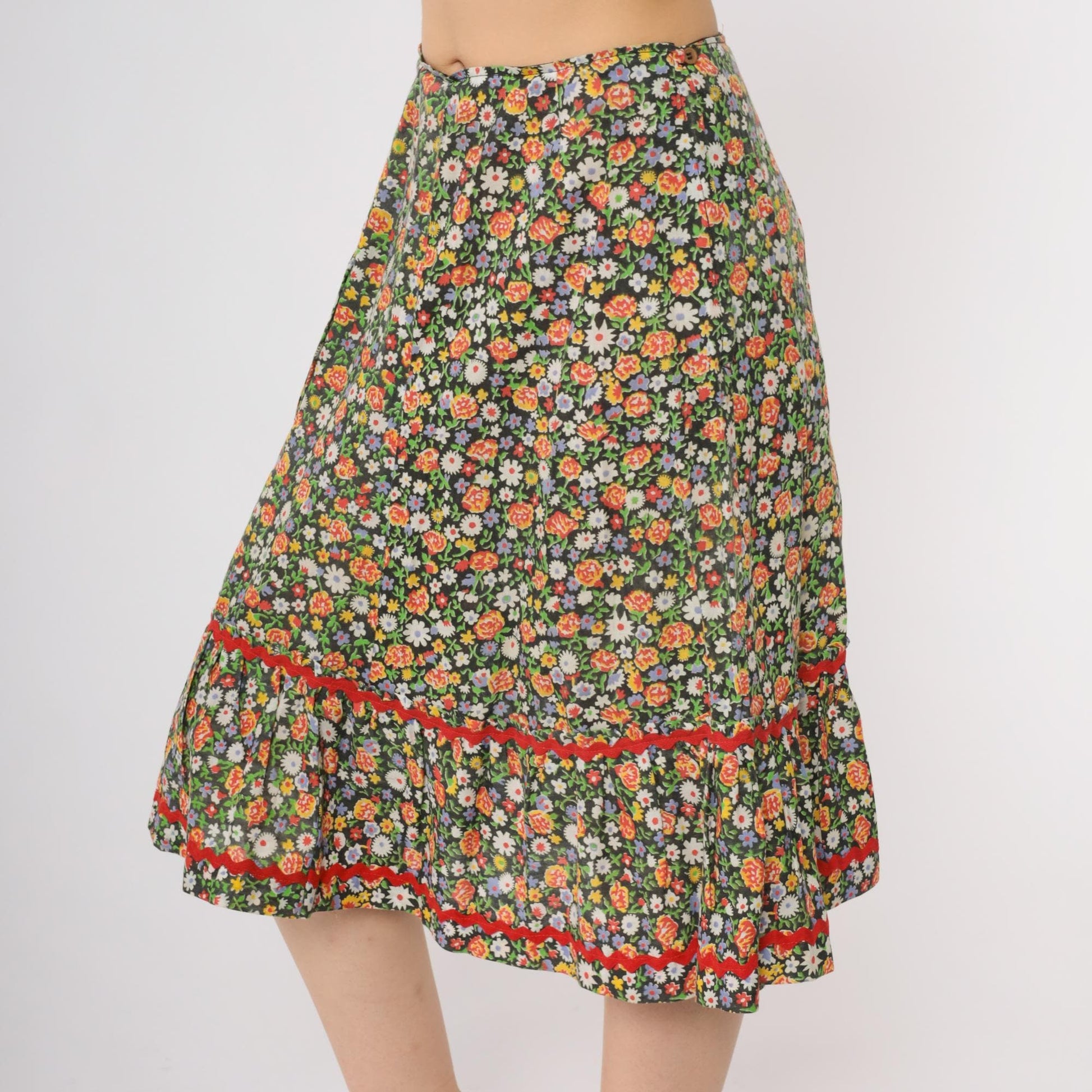 70s Floral Prairie Skirt Tiered Ruffle Midi Black Red Rickrack Small