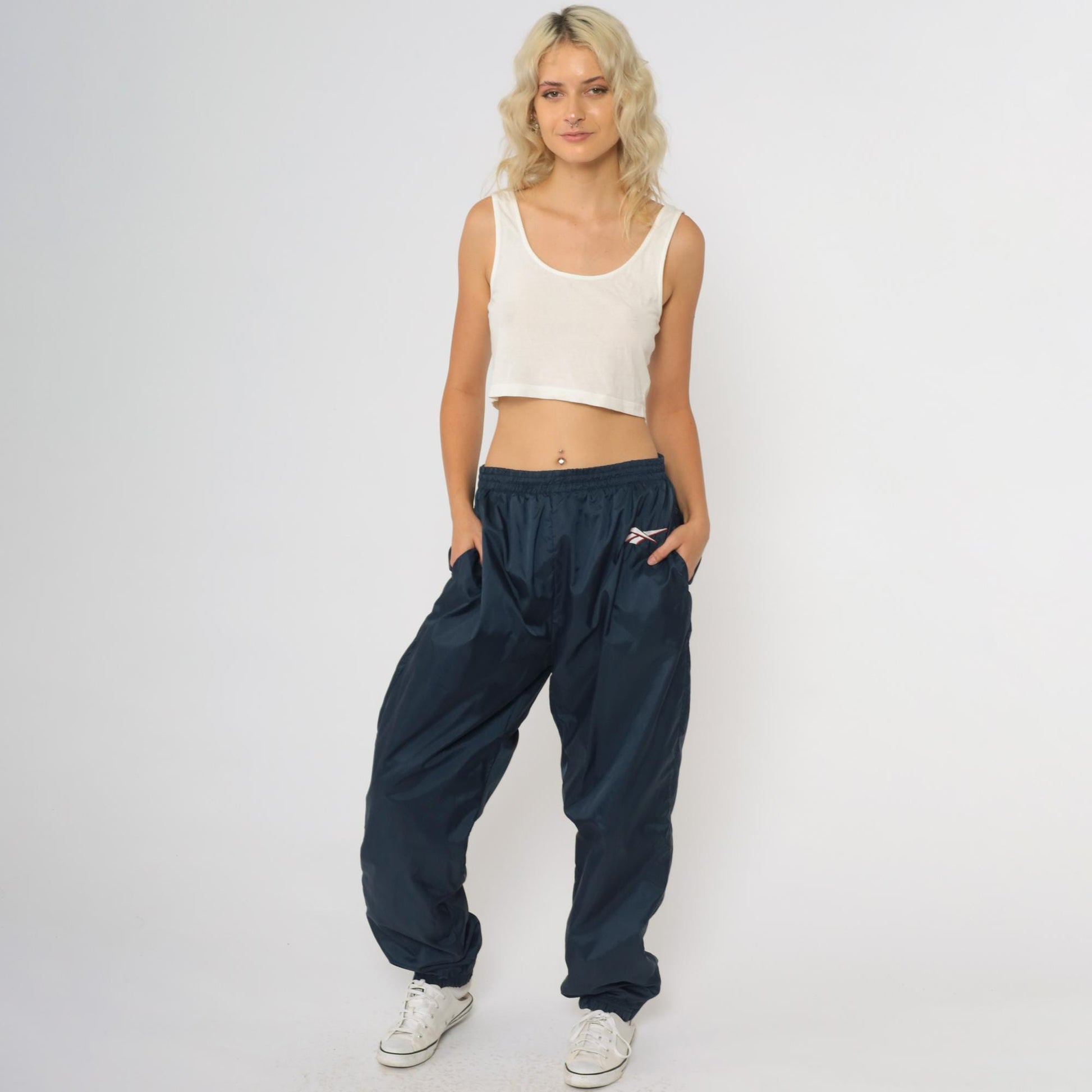 90s Reebok Navy Nylon Track Pants Joggers Large