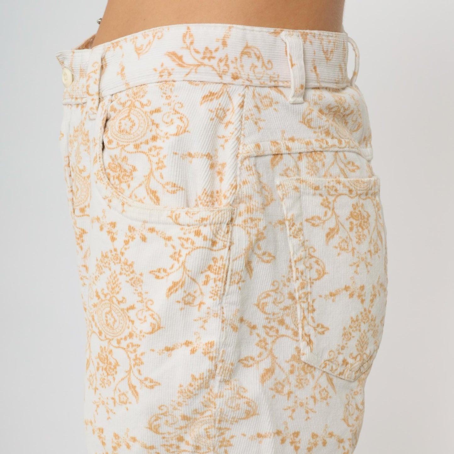 Y2K Paisley Corduroy Pants Cream Orange High Waisted Straight Leg Medium M