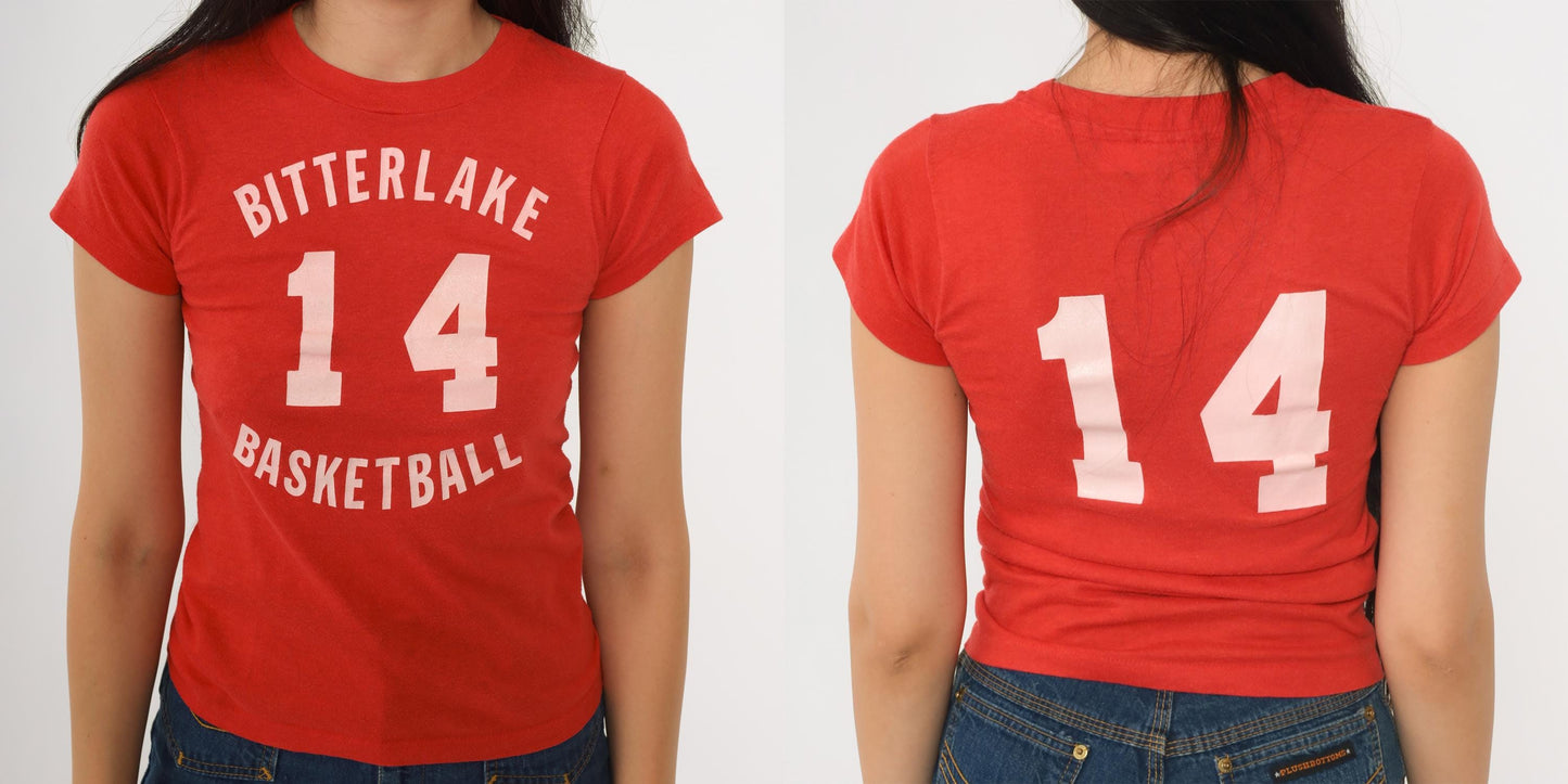 80s Bitterlake Basketball Graphic T-Shirt Red Single Stitch Number 14 XXS