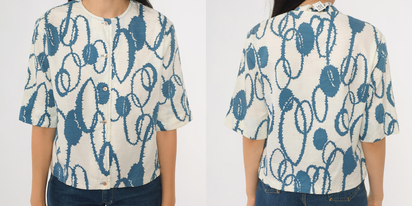 60s Campus Casuals Abstract Print Button Up Blouse Blue White Medium